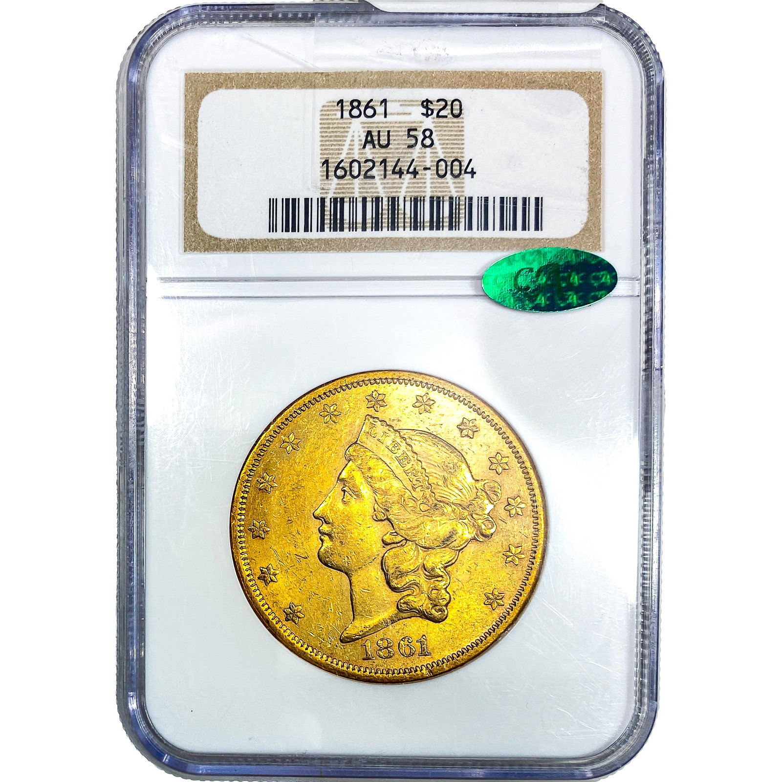1861 CAC $20 Gold Double Eagle NGC AU58: 1861 CAC $20 Gold Double Eagle NGC AU58