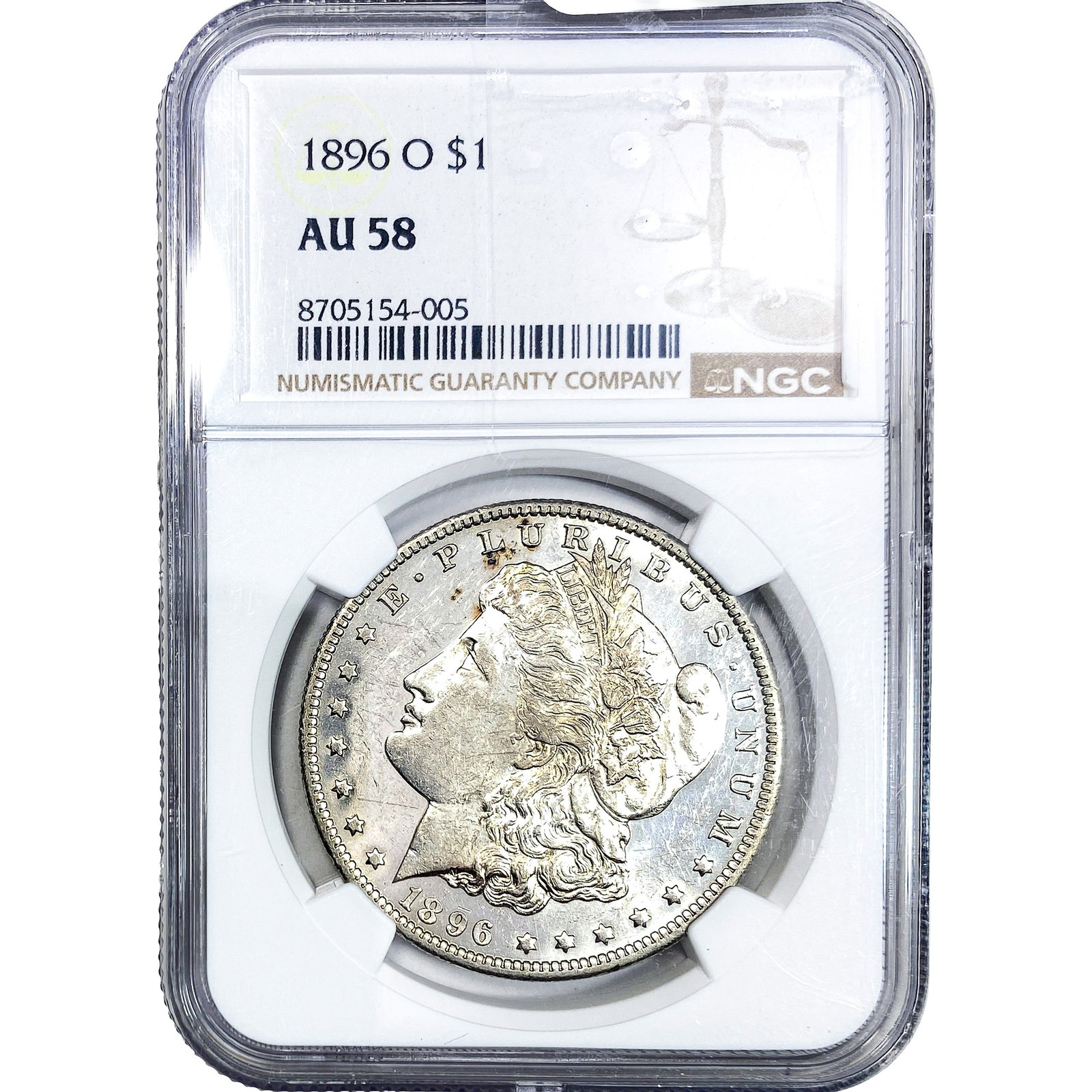 1896-O Morgan Silver Dollar NGC AU58: 1896-O Morgan Silver Dollar NGC AU58