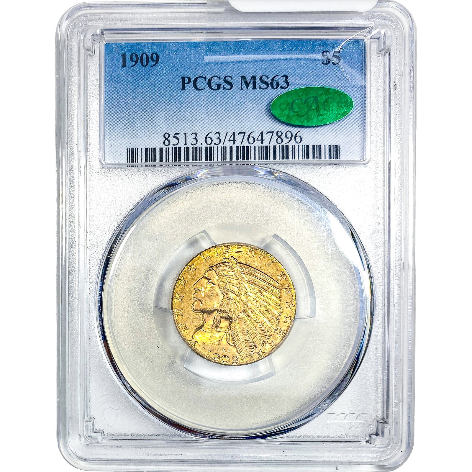 1909 CAC $5 Gold Half Eagle PCGS MS63: 1909 CAC $5 Gold Half Eagle PCGS MS63