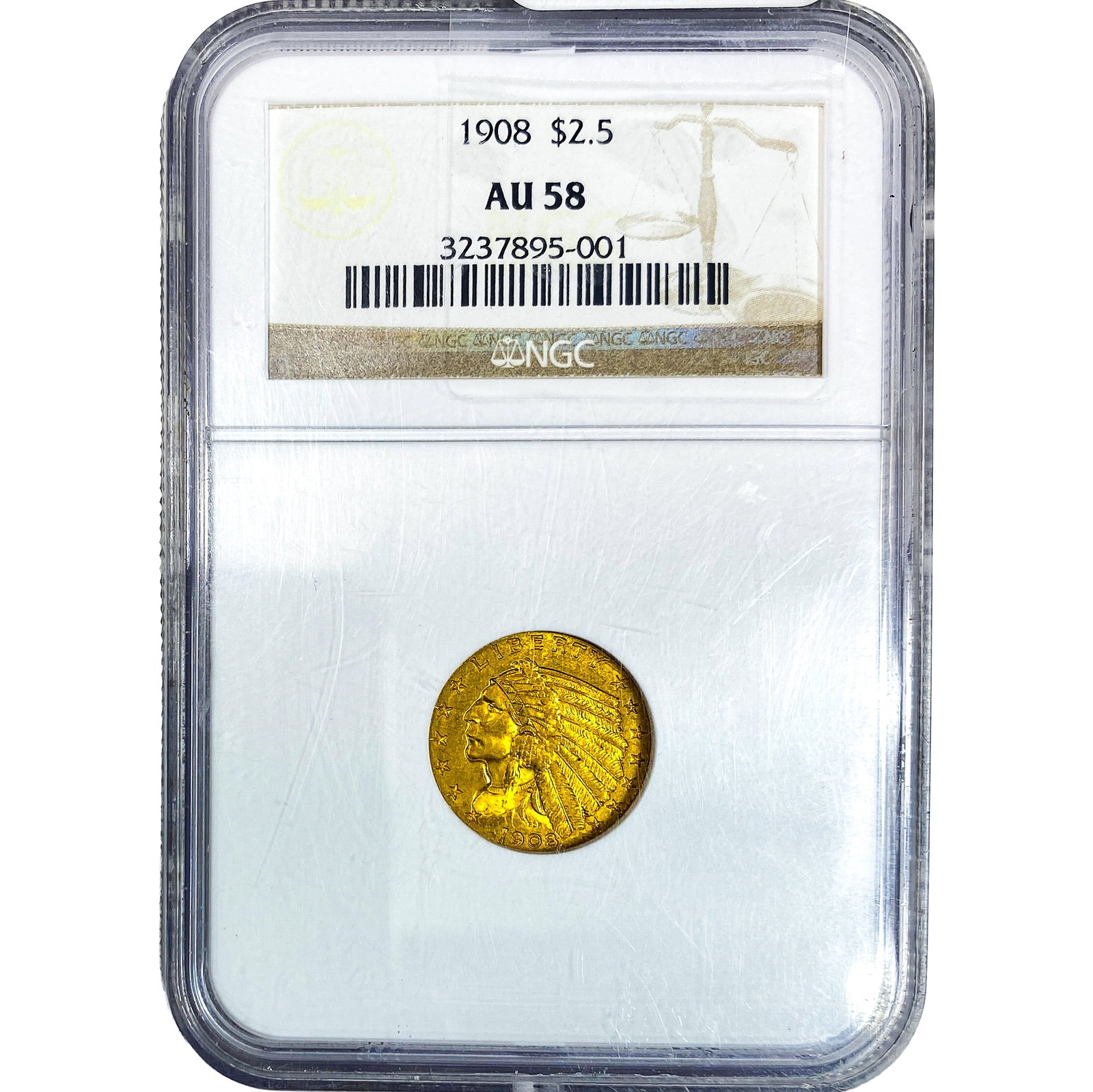 1908 $2.50 Gold Quarter Eagle NGC AU58: 1908 $2.50 Gold Quarter Eagle NGC AU58