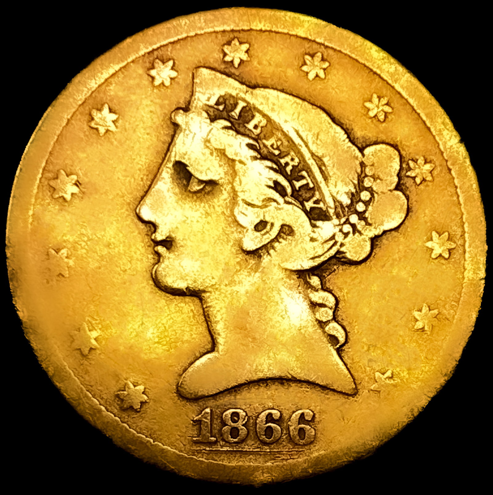 1866-S No Motto $5 Gold Half Eagle: 1866-S No Motto $5 Gold Half Eagle