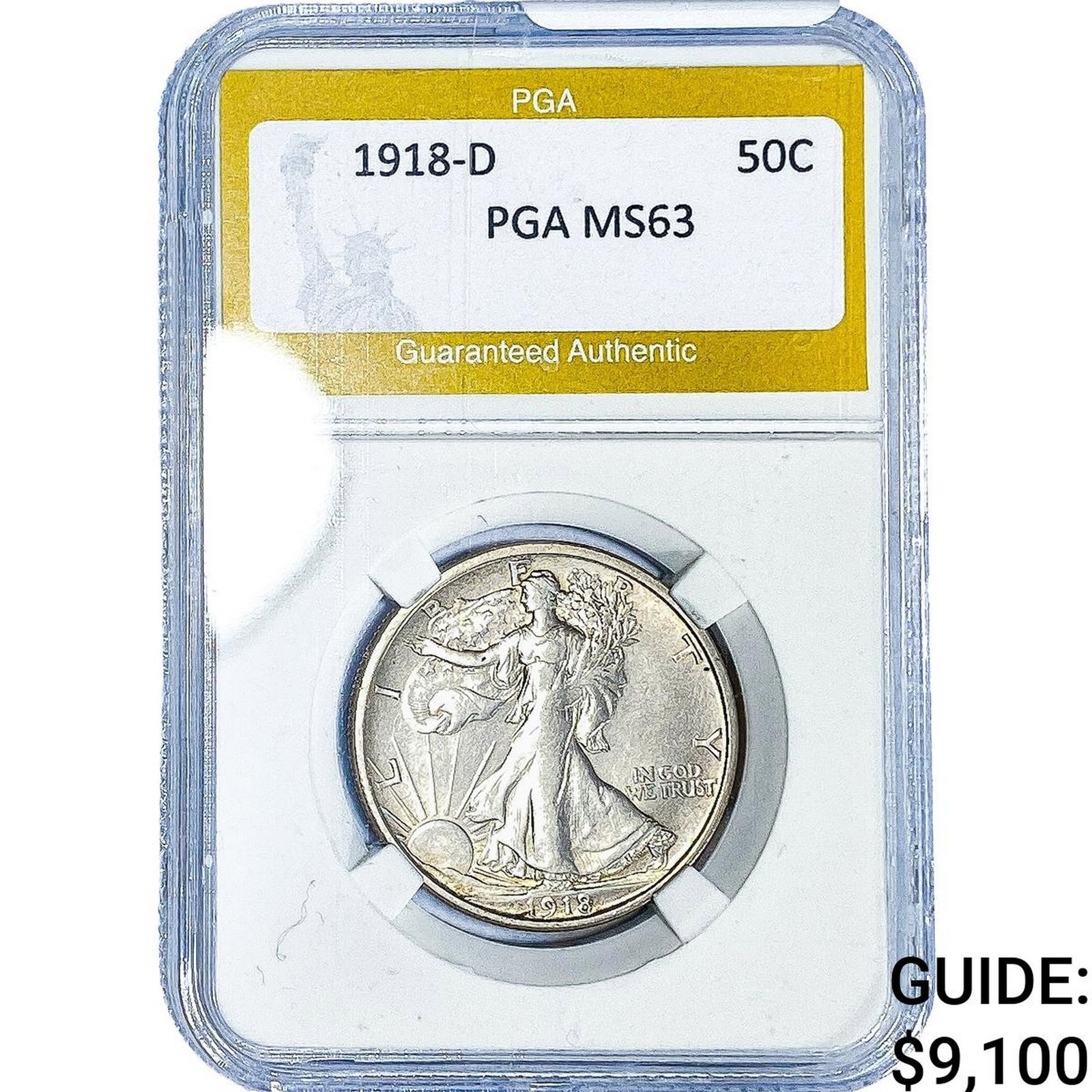 1918-D Walking Liberty Half Dollar PGA MS63: 1918-D Walking Liberty Half Dollar PGA MS63