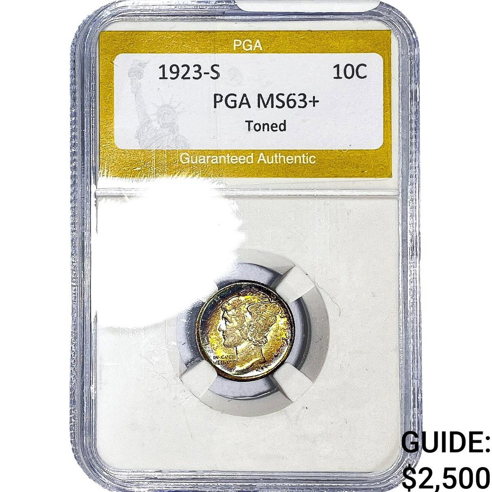 1923-S Mercury Silver Dime PGA MS63+ Toned: 1923-S Mercury Silver Dime PGA MS63+ Toned