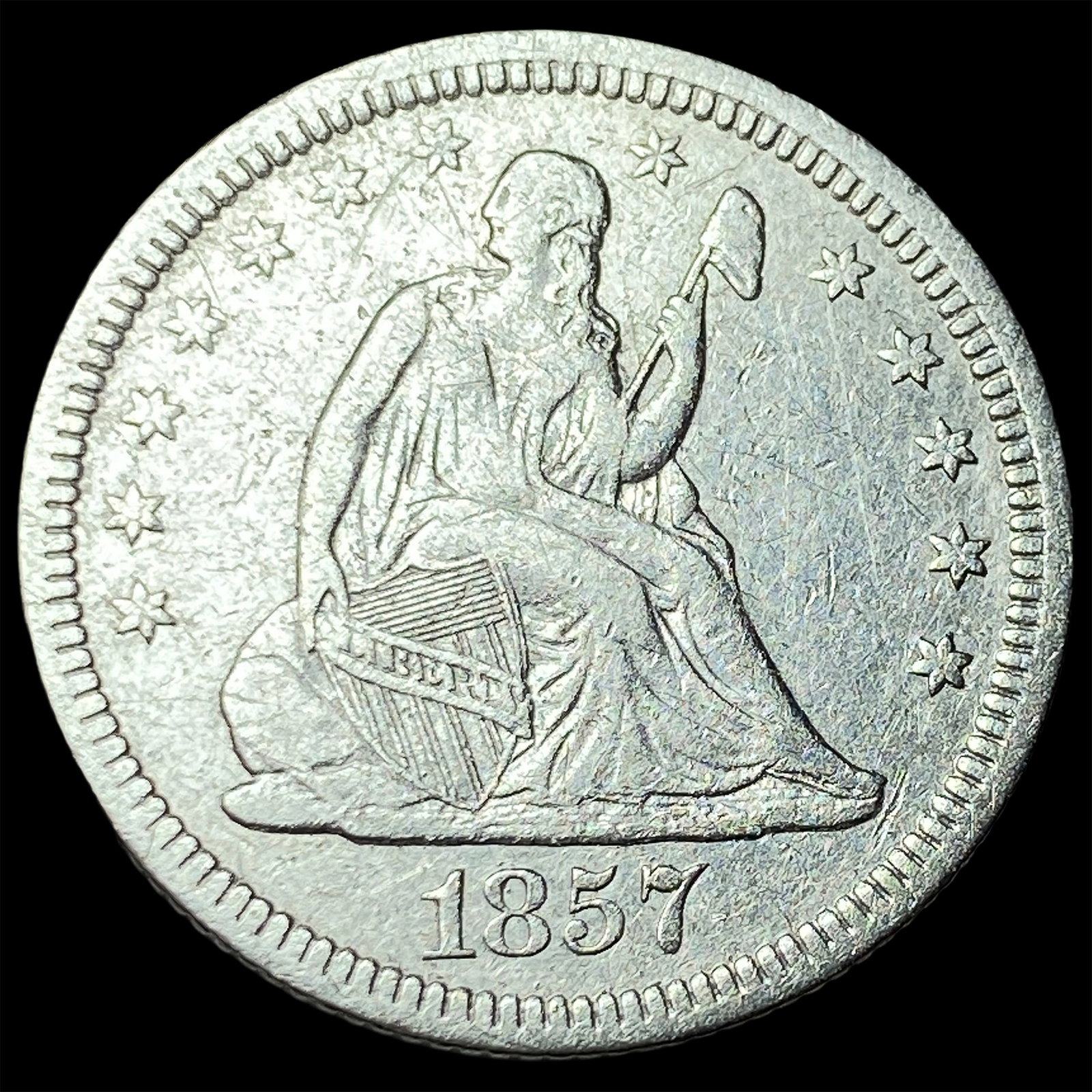 1857 Silver Seated Liberty Quarter NEARLY UNCIRCULATED: 1857 Silver Seated Liberty Quarter NEARLY UNCIRCULATED