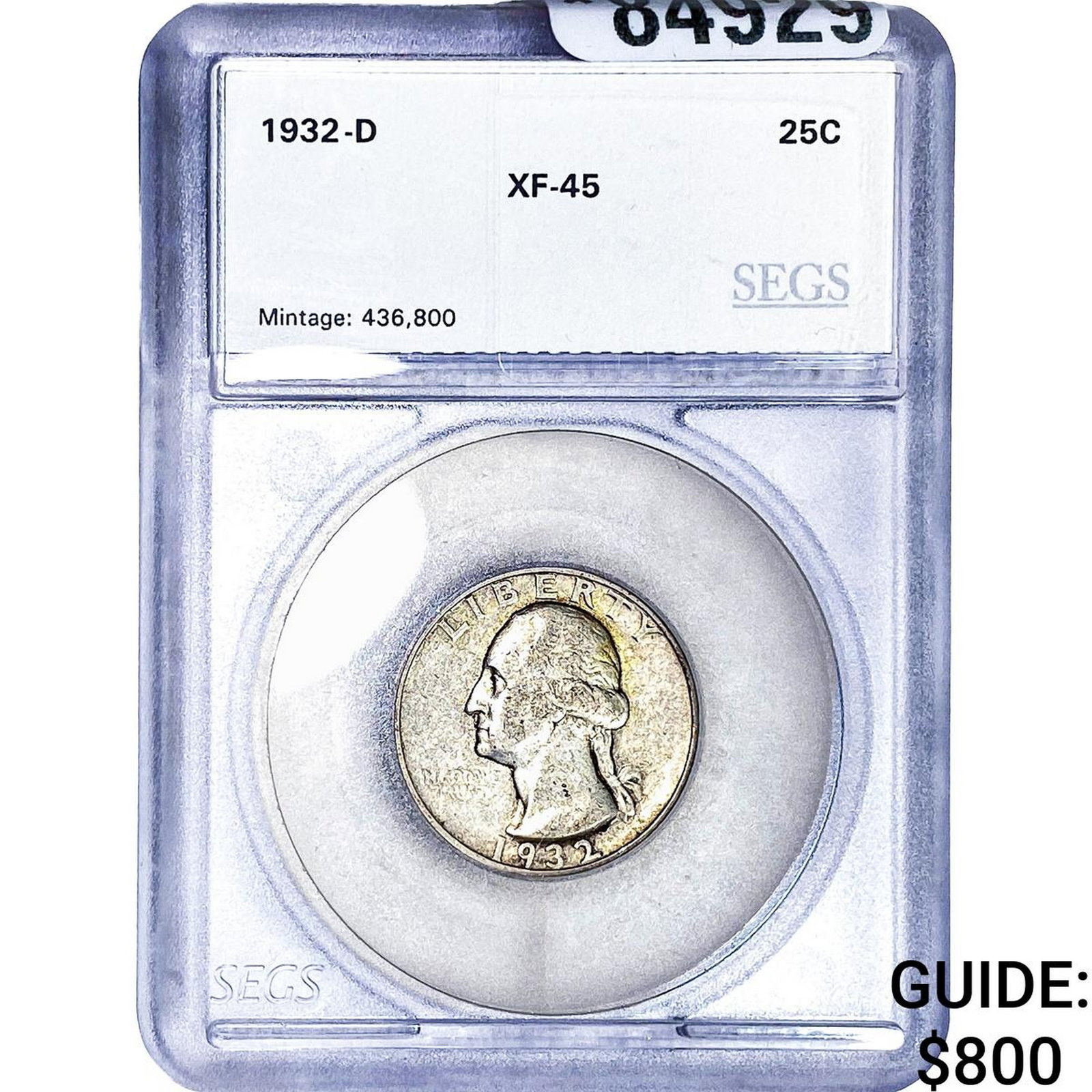 1932-D Washington Silver Quarter SEGS XF45: 1932-D Washington Silver Quarter SEGS XF45