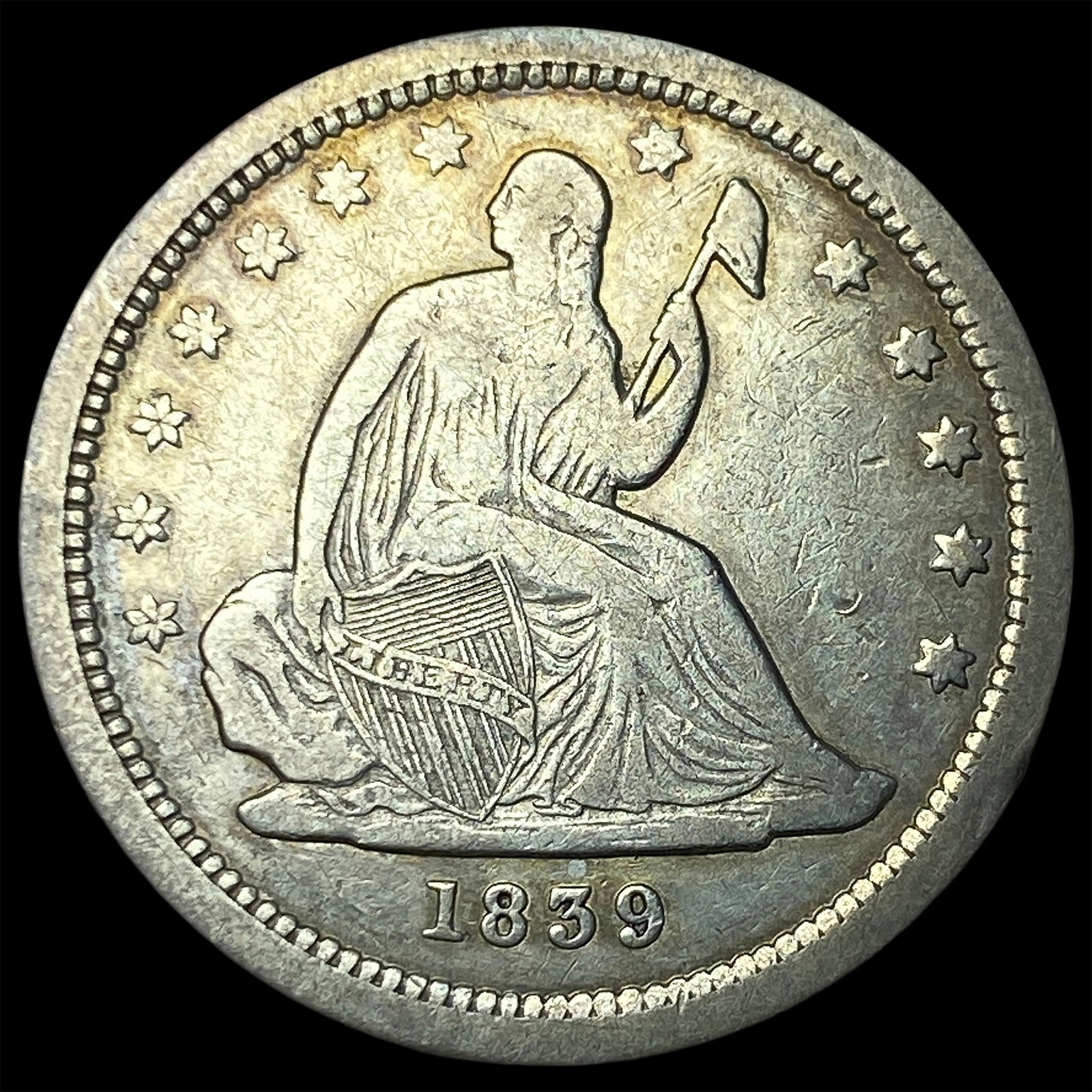 1839 Silver Seated Liberty Quarter NEARLY UNCIRCULATED: 1839 Silver Seated Liberty Quarter NEARLY UNCIRCULATED