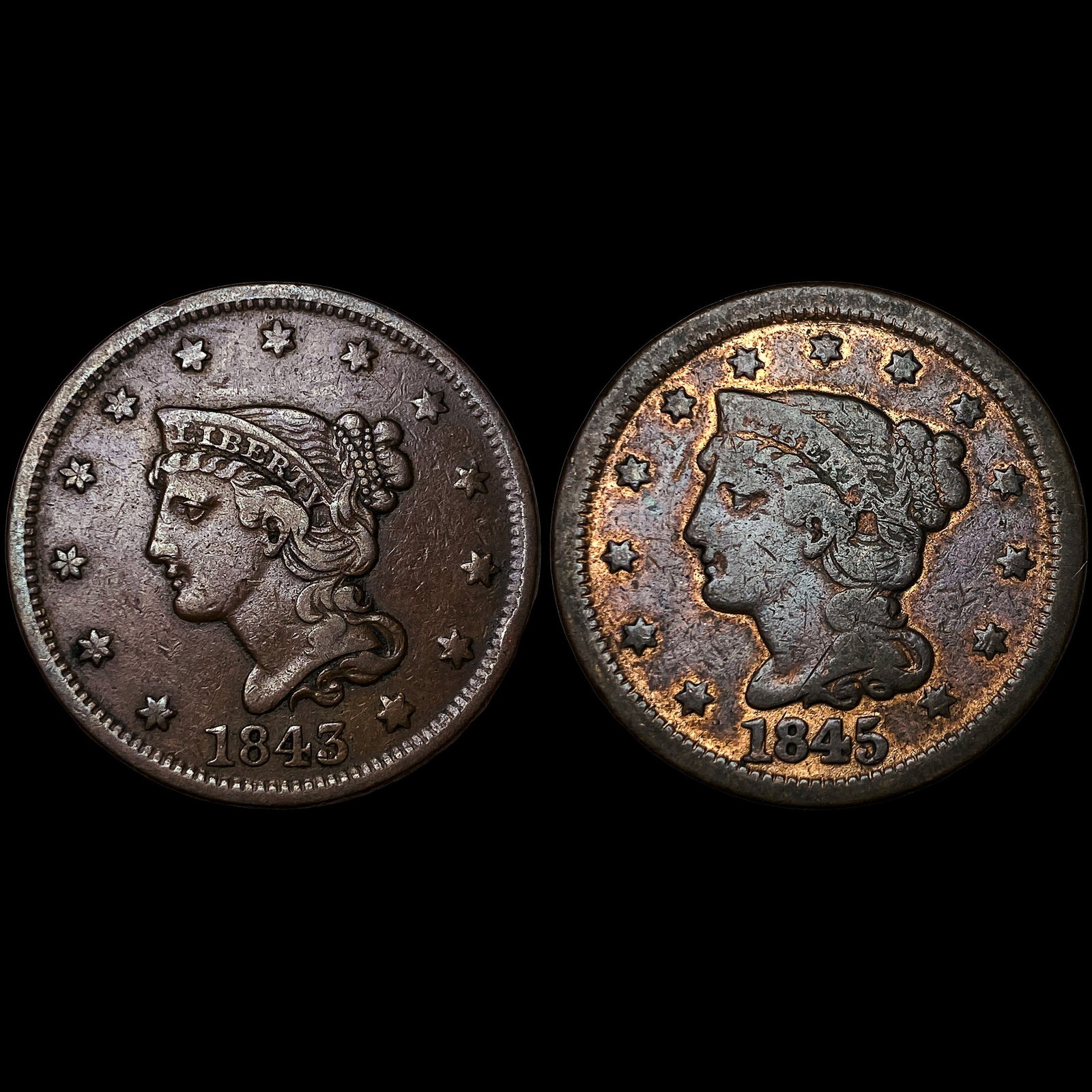 [2]1843 & 1845 Braided Hair Large Cents LIGHTLY CIRCULATED: [2]1843 & 1845 Braided Hair Large Cents LIGHTLY CIRCULATED