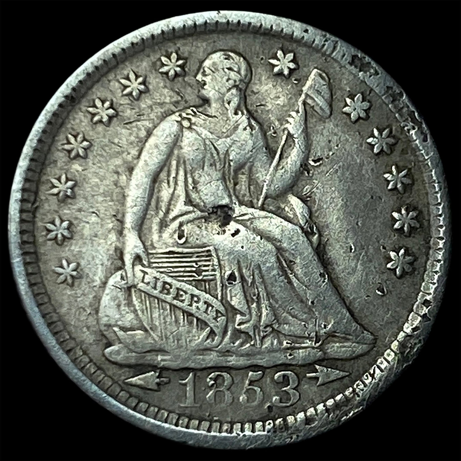 1853 Arrows Seated Liberty Half Dime CLOSELY UNCIRCULATED: 1853 Arrows Seated Liberty Half Dime CLOSELY UNCIRCULATED