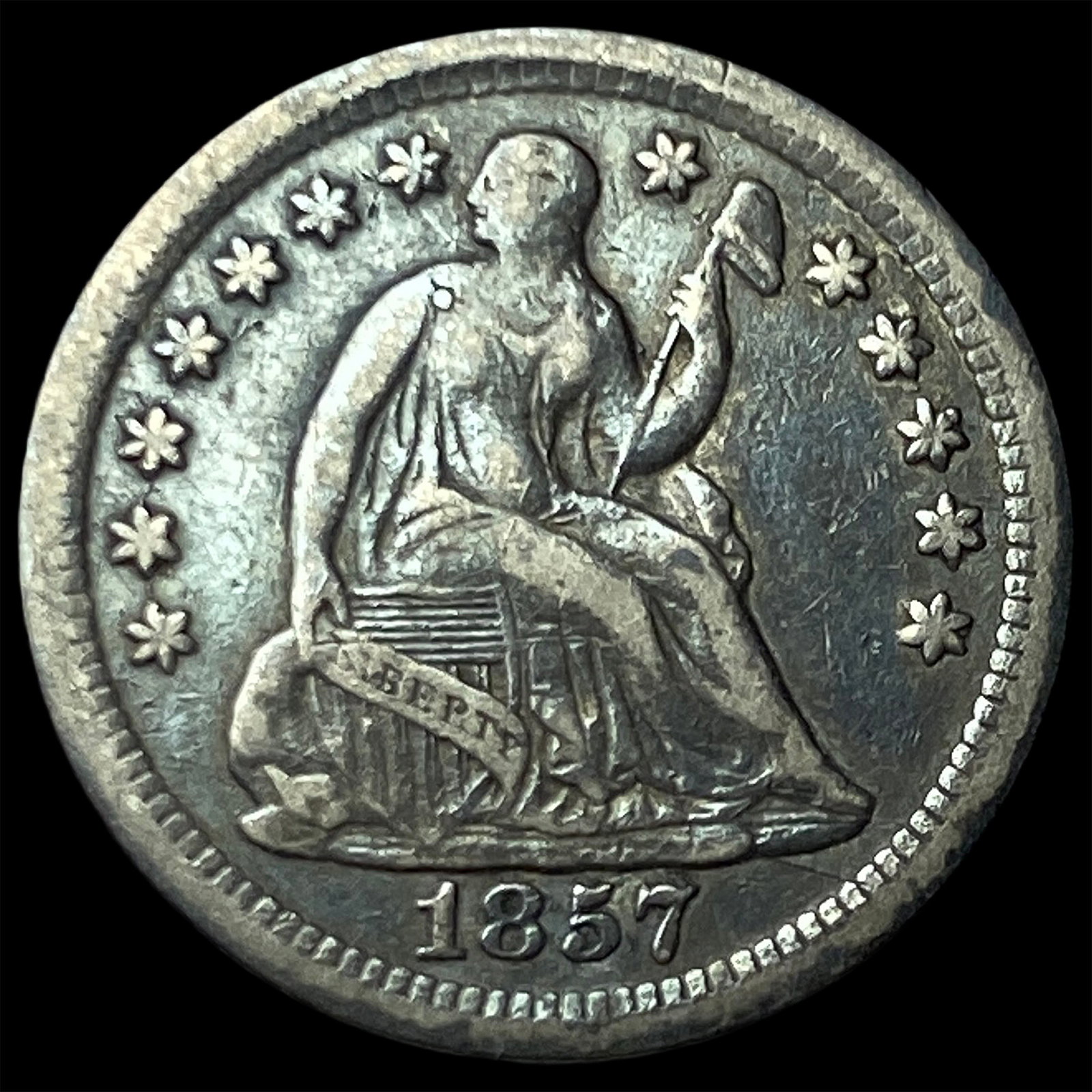 1857-O Silver Seated Liberty Half Dime ABOUT UNCIRCULATED: 1857-O Silver Seated Liberty Half Dime ABOUT UNCIRCULATED