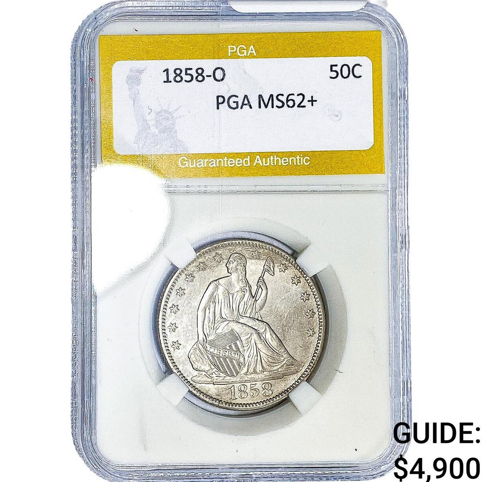 1858-O Seated Liberty Half Dollar PGA MS62+: 1858-O Seated Liberty Half Dollar PGA MS62+