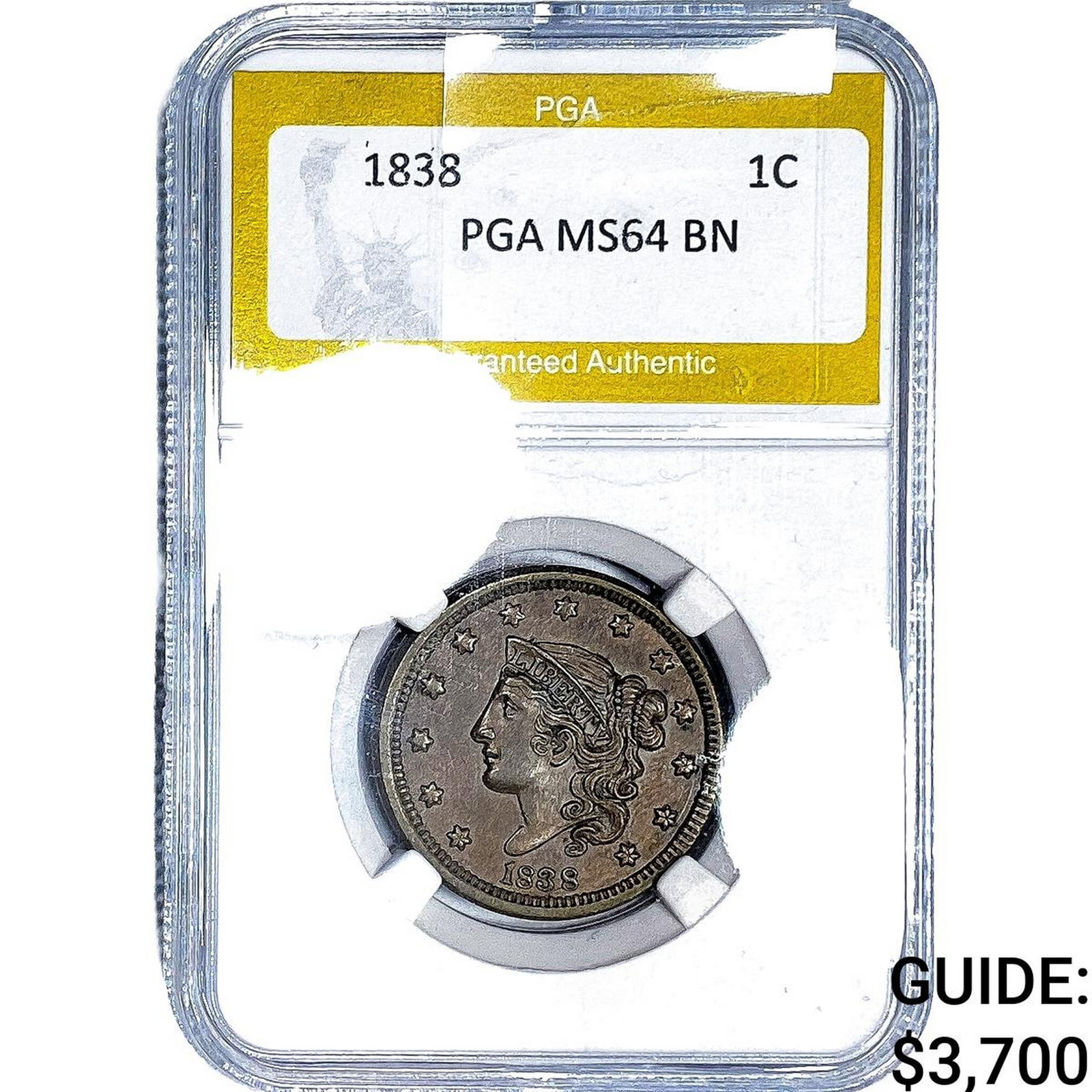 1838 Coronet Head Large Cent PGA MS64 BN: 1838 Coronet Head Large Cent PGA MS64 BN