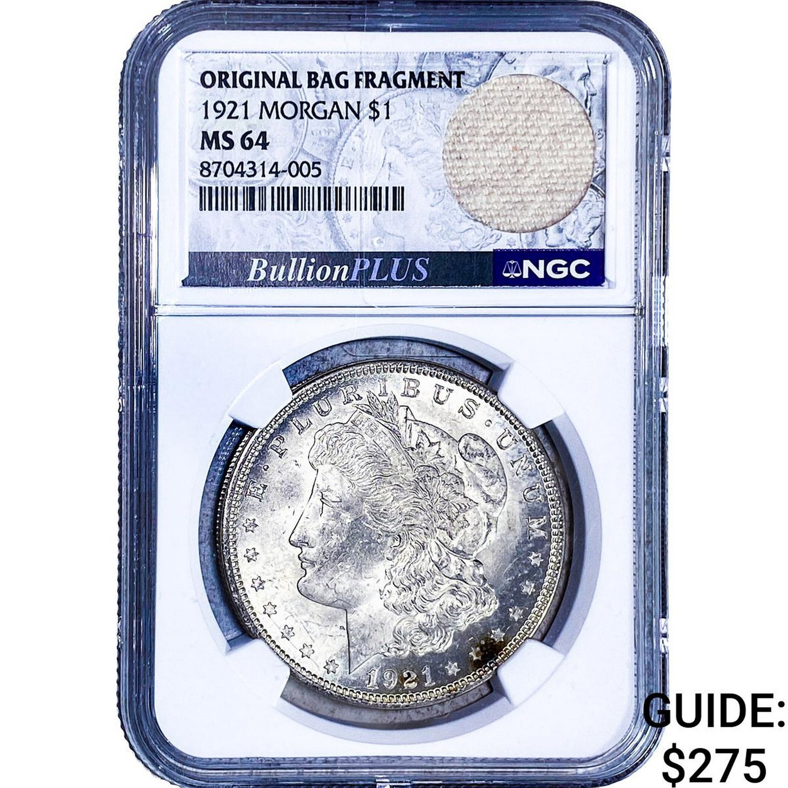 1921 Morgan Silver Dollar NGC MS64 Orig. Bag Frag.: 1921 Morgan Silver Dollar NGC MS64 Orig. Bag Frag.