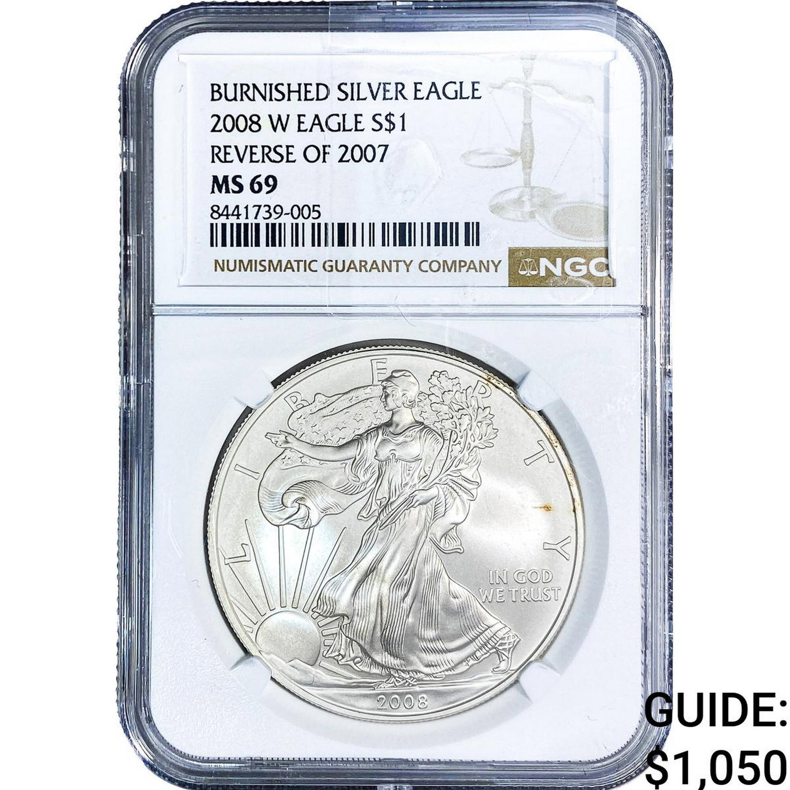 2008-W Rev. of 2007 Silver Eagle NGC MS69: 2008-W Rev. of 2007 Silver Eagle NGC MS69