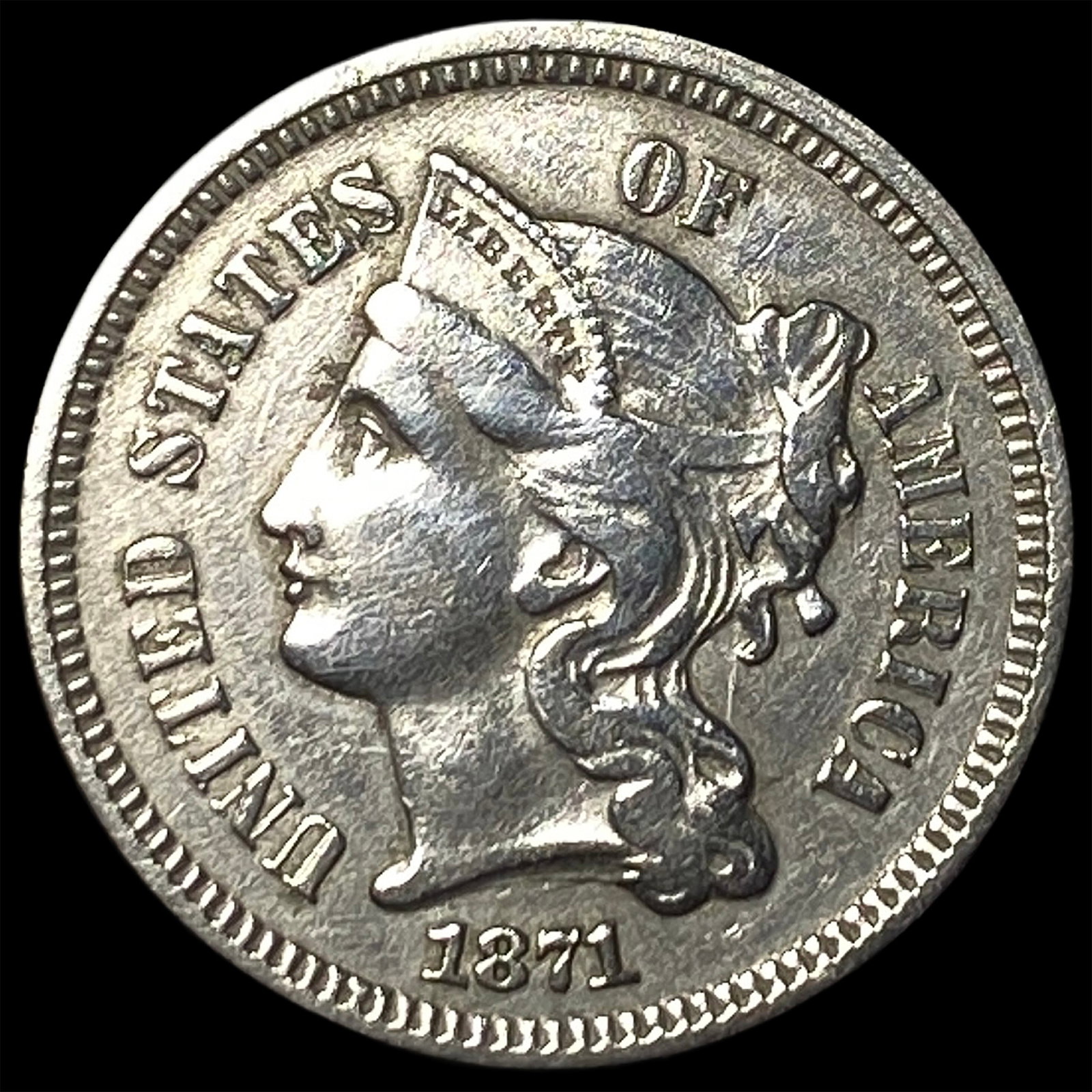 1871 Nickel Three-Cent Piece NEARLY UNCIRCULATED: 1871 Nickel Three-Cent Piece NEARLY UNCIRCULATED
