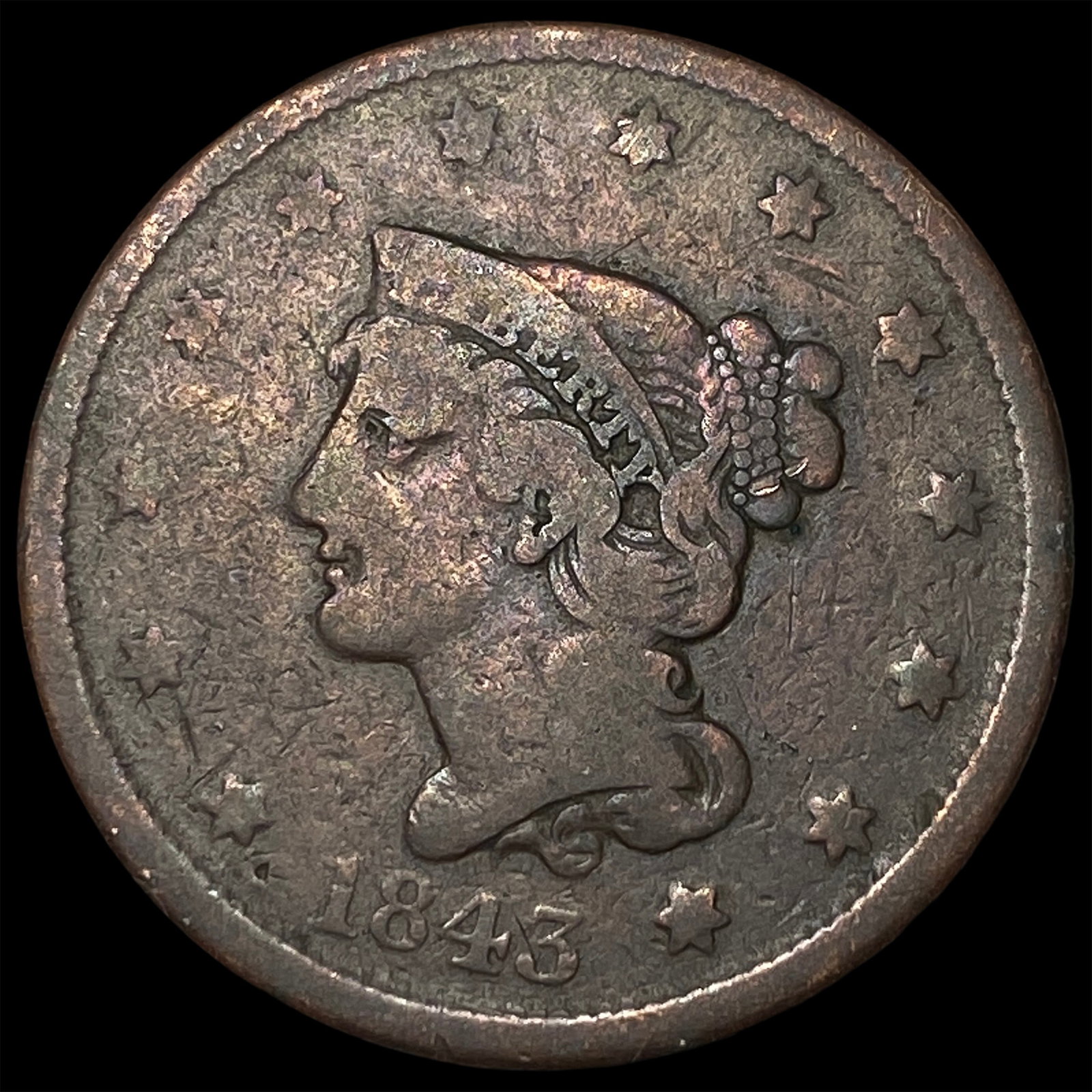 1843 Braided Hair Large Cent NICELY CIRCULATED: 1843 Braided Hair Large Cent NICELY CIRCULATED