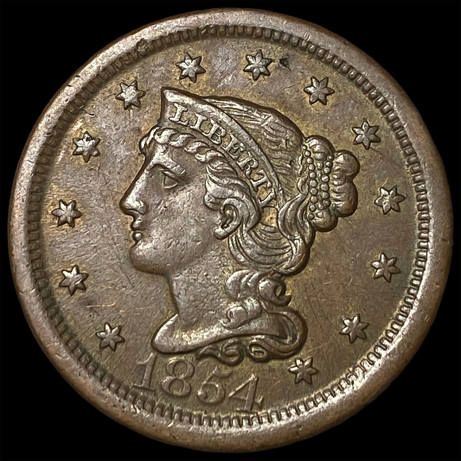 1854 Braided Hair Large Cent CLOSELY UNCIRCULATED: 1854 Braided Hair Large Cent CLOSELY UNCIRCULATED