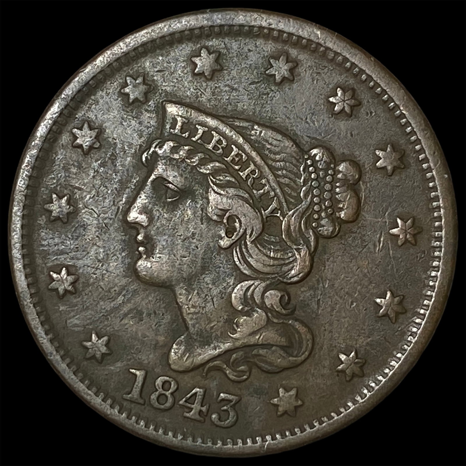 1843 Braided Hair Large Cent NEARLY UNCIRCULATED: 1843 Braided Hair Large Cent NEARLY UNCIRCULATED