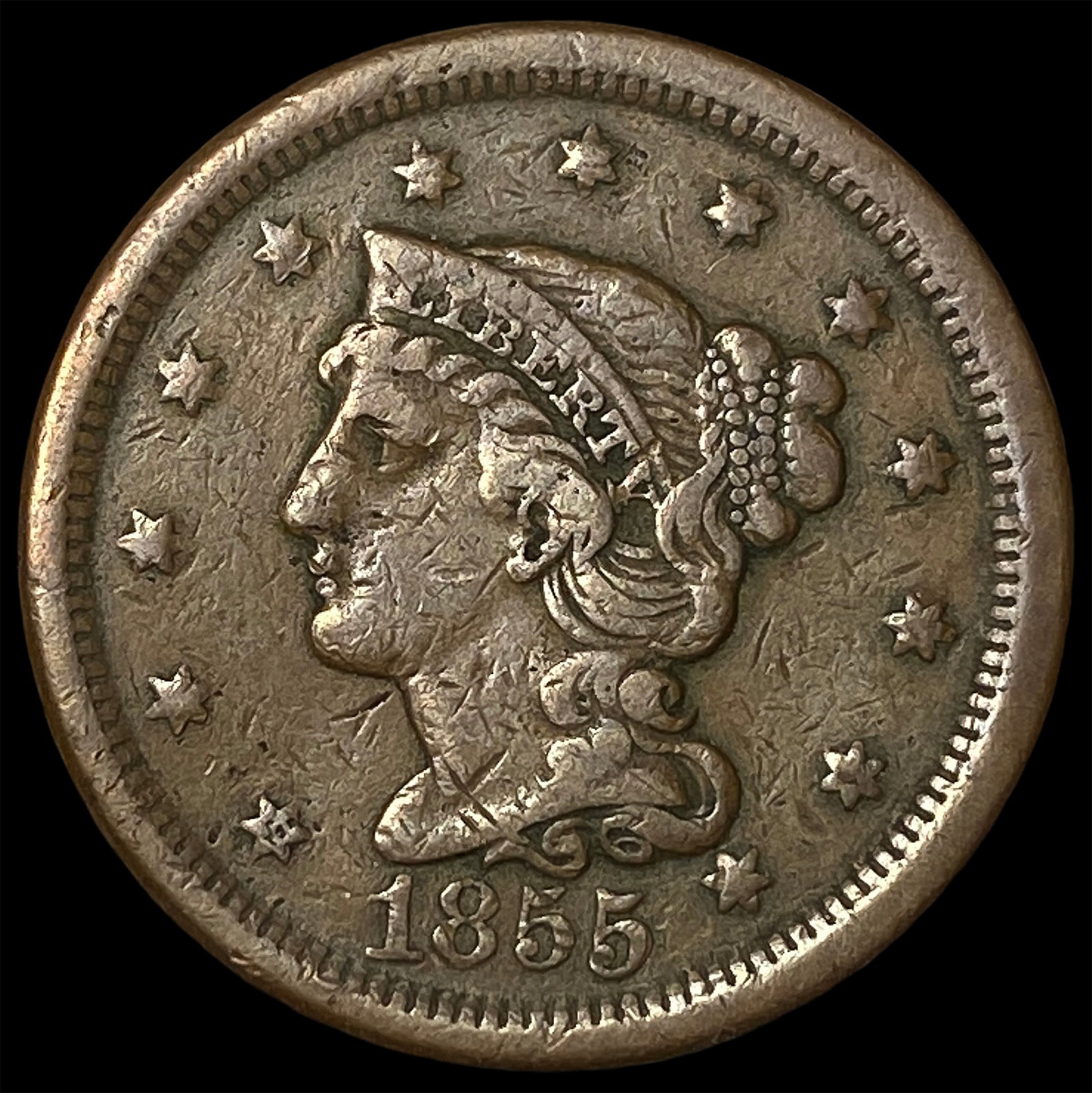 1855 Braided Hair Large Cent LIGHTLY CIRCULATED: 1855 Braided Hair Large Cent LIGHTLY CIRCULATED