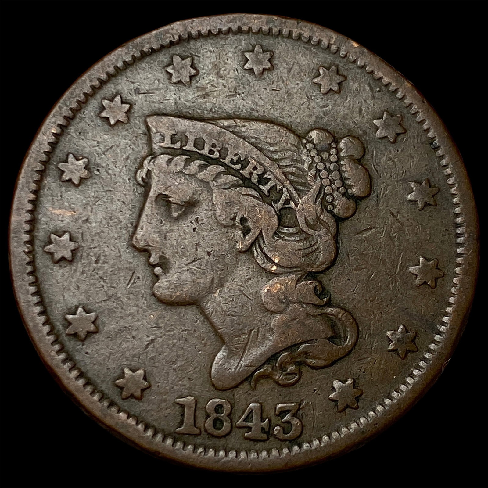 1843 Braided Hair Large Cent ABOUT UNCIRCULATED: 1843 Braided Hair Large Cent ABOUT UNCIRCULATED
