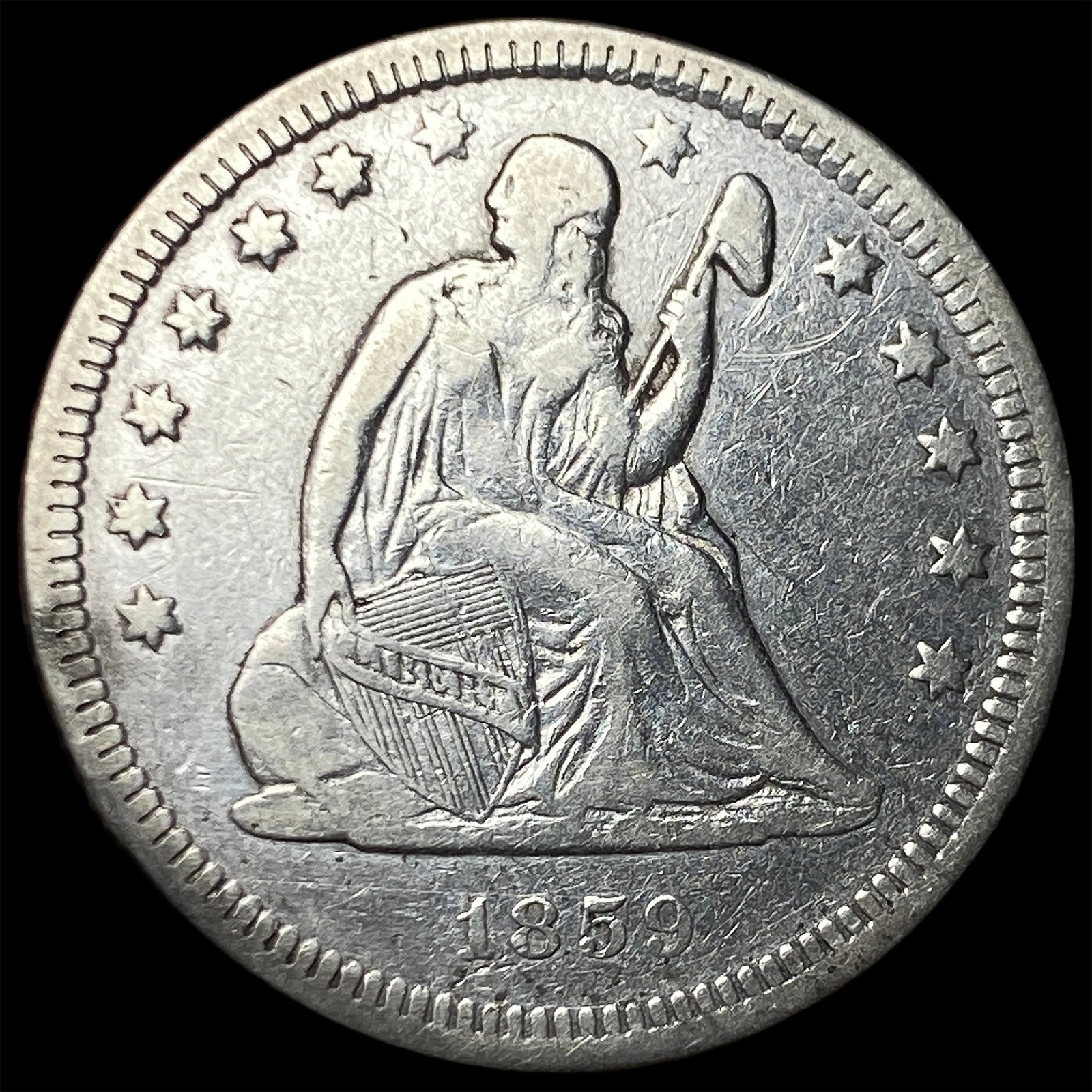 1859 Silver Seated Liberty Quarter NEARLY UNCIRCULATED: 1859 Silver Seated Liberty Quarter NEARLY UNCIRCULATED