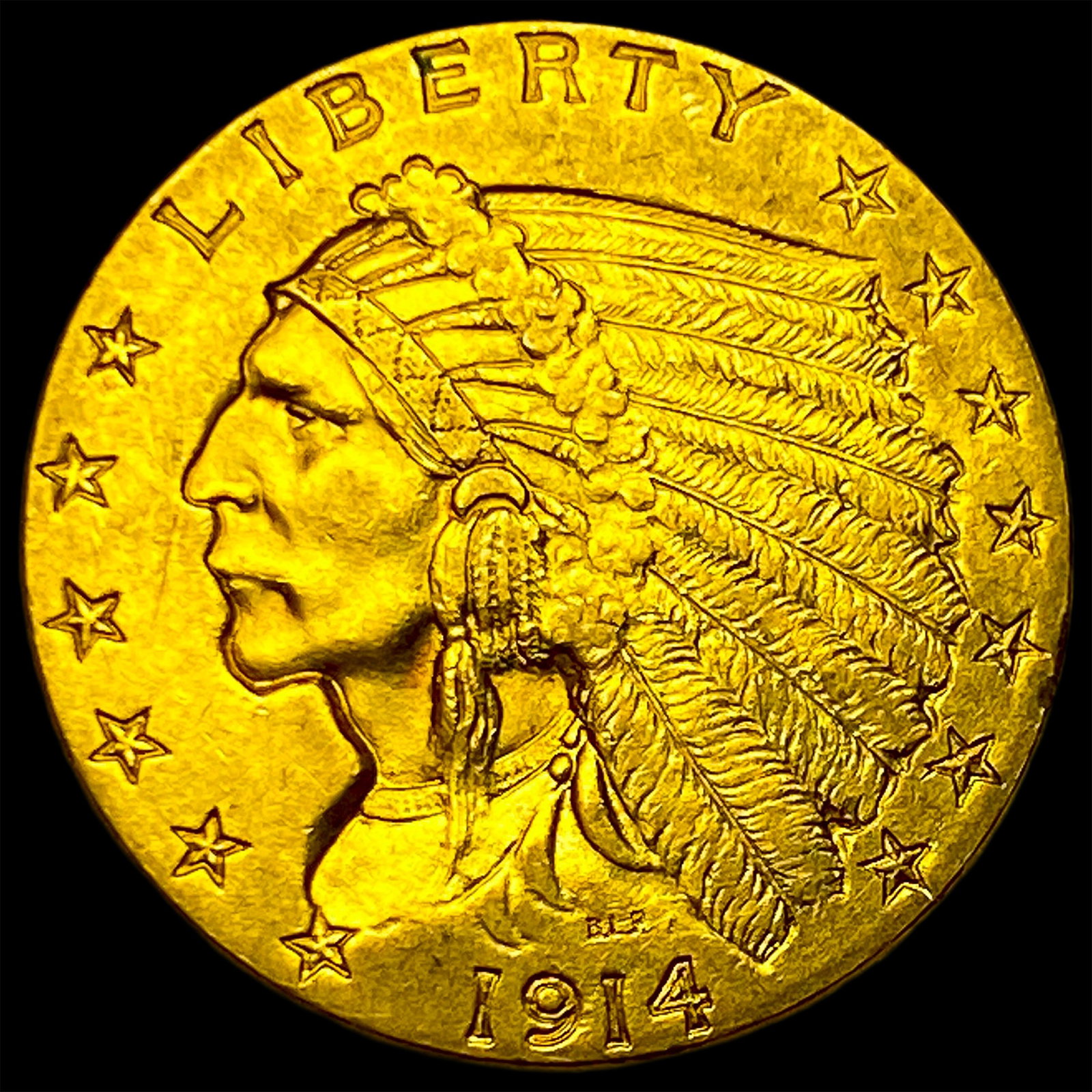 1914 Indian Head Gold $2.50 Quarter Eagle CLOSELY UNCIRCULATED: 1914 Indian Head Gold $2.50 Quarter Eagle CLOSELY UNCIRCULATED