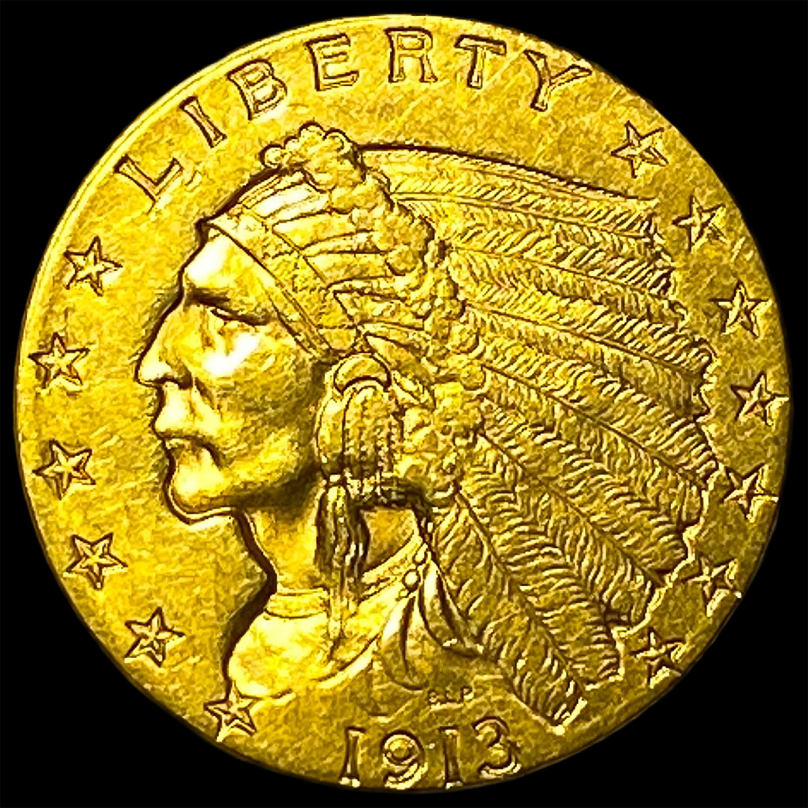 1913 Indian Head Gold $2.50 Quarter Eagle CLOSELY UNCIRCULATED: 1913 Indian Head Gold $2.50 Quarter Eagle CLOSELY UNCIRCULATED
