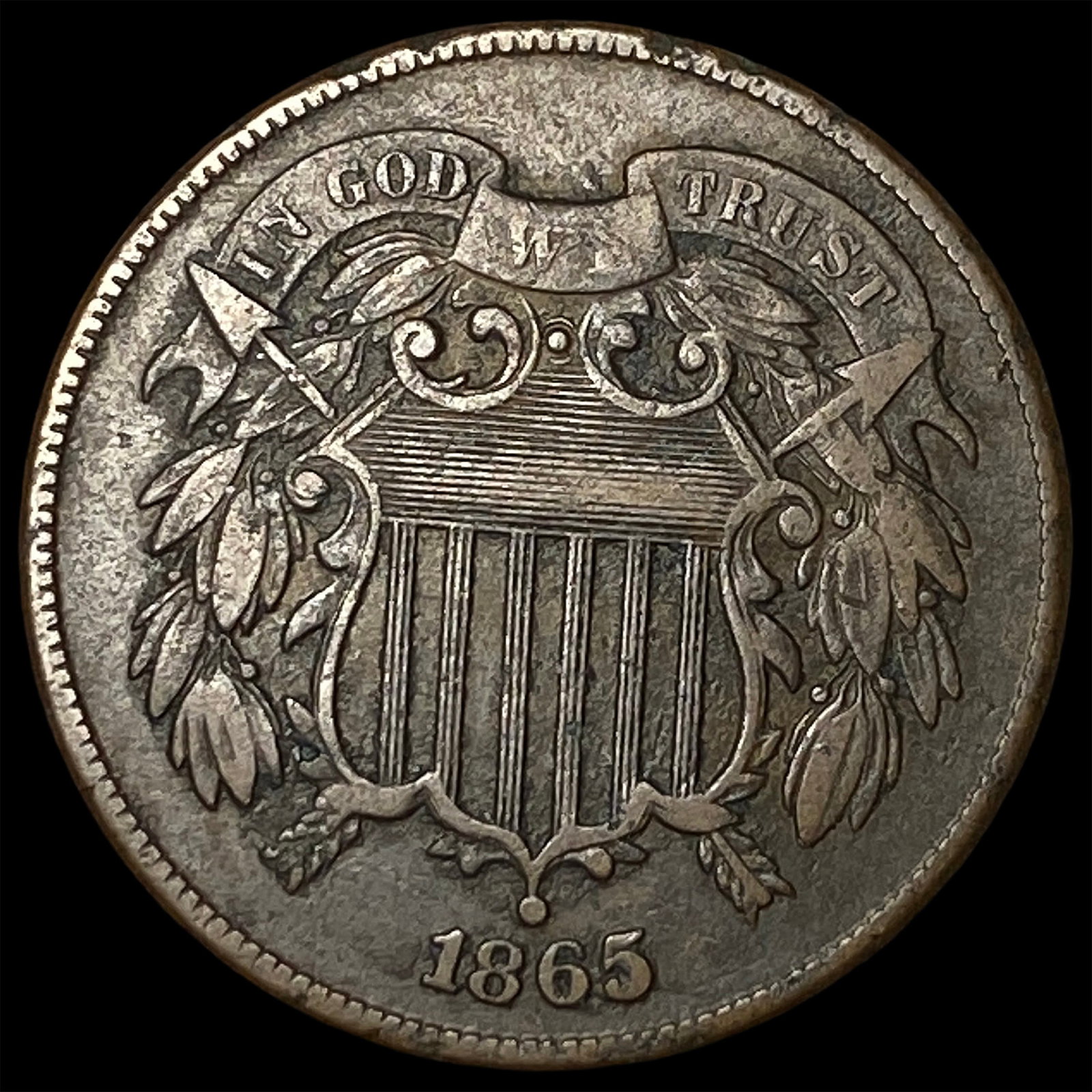 1865 Copper Two-Cent Piece CLOSELY UNCIRCULATED: 1865 Copper Two-Cent Piece CLOSELY UNCIRCULATED
