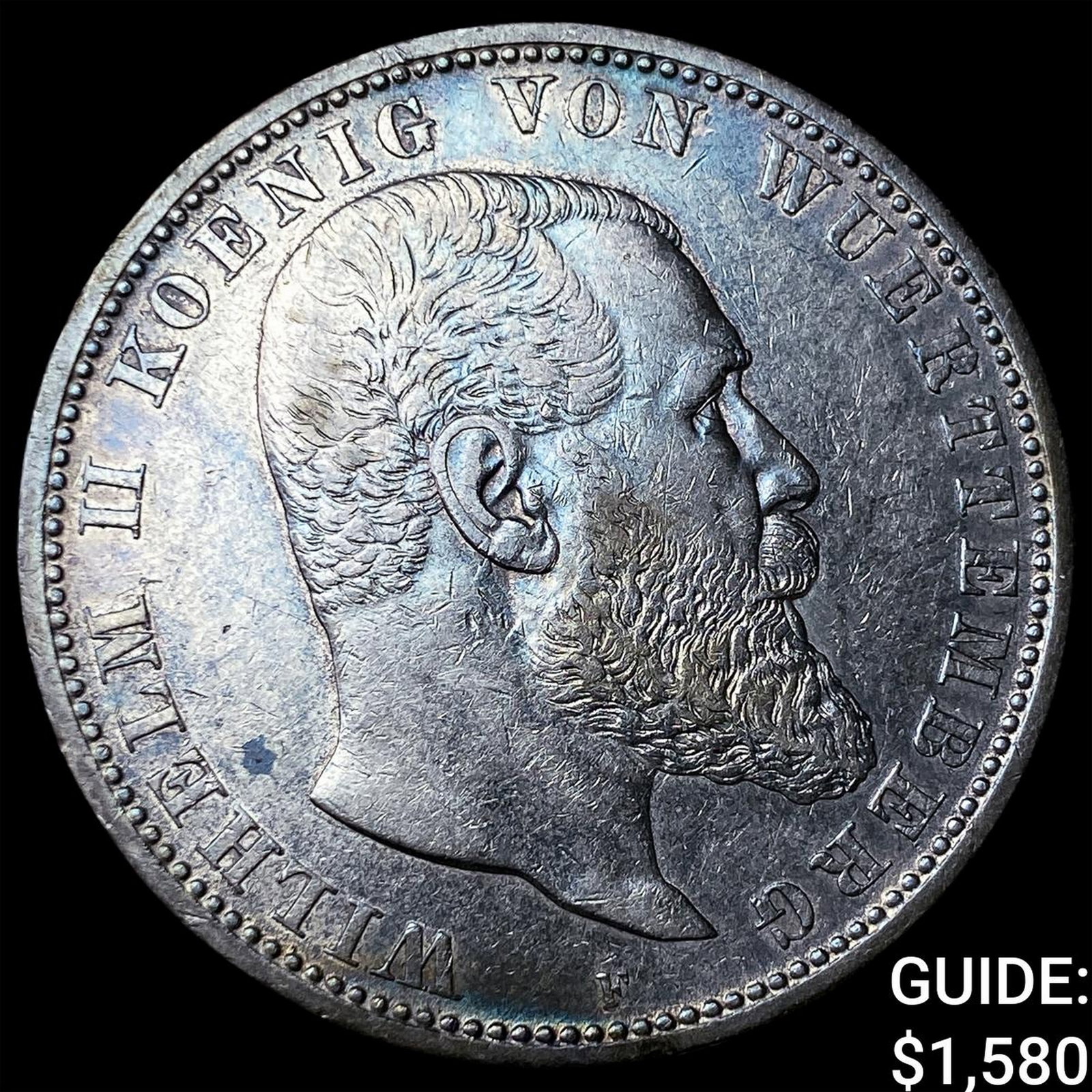 1899F German States Wuttemberg Silver 5 Mark: 1899F German States Wuttemberg Silver 5 Mark