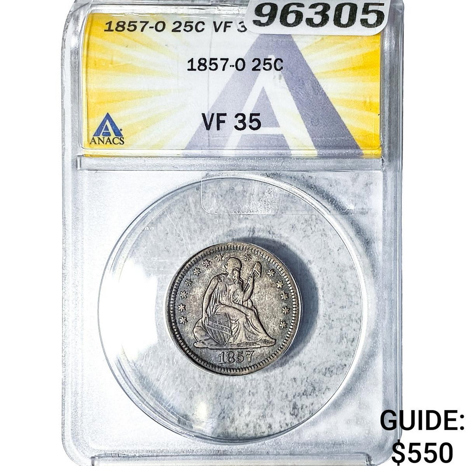 1857-O Seated Liberty Quarter ANACS VF35: 1857-O Seated Liberty Quarter ANACS VF35