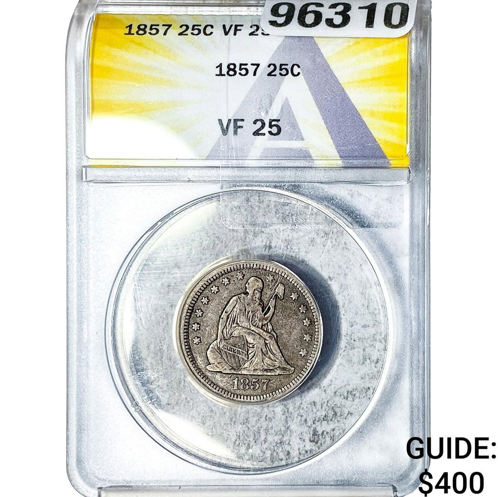 1857 Seated Liberty Quarter ANACS VF45: 1857 Seated Liberty Quarter ANACS VF45