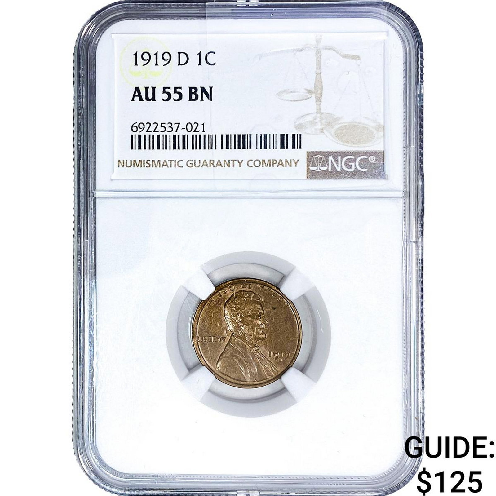 1919-D Wheat Cent NGC AU55 BN: 1919-D Wheat Cent NGC AU55 BN