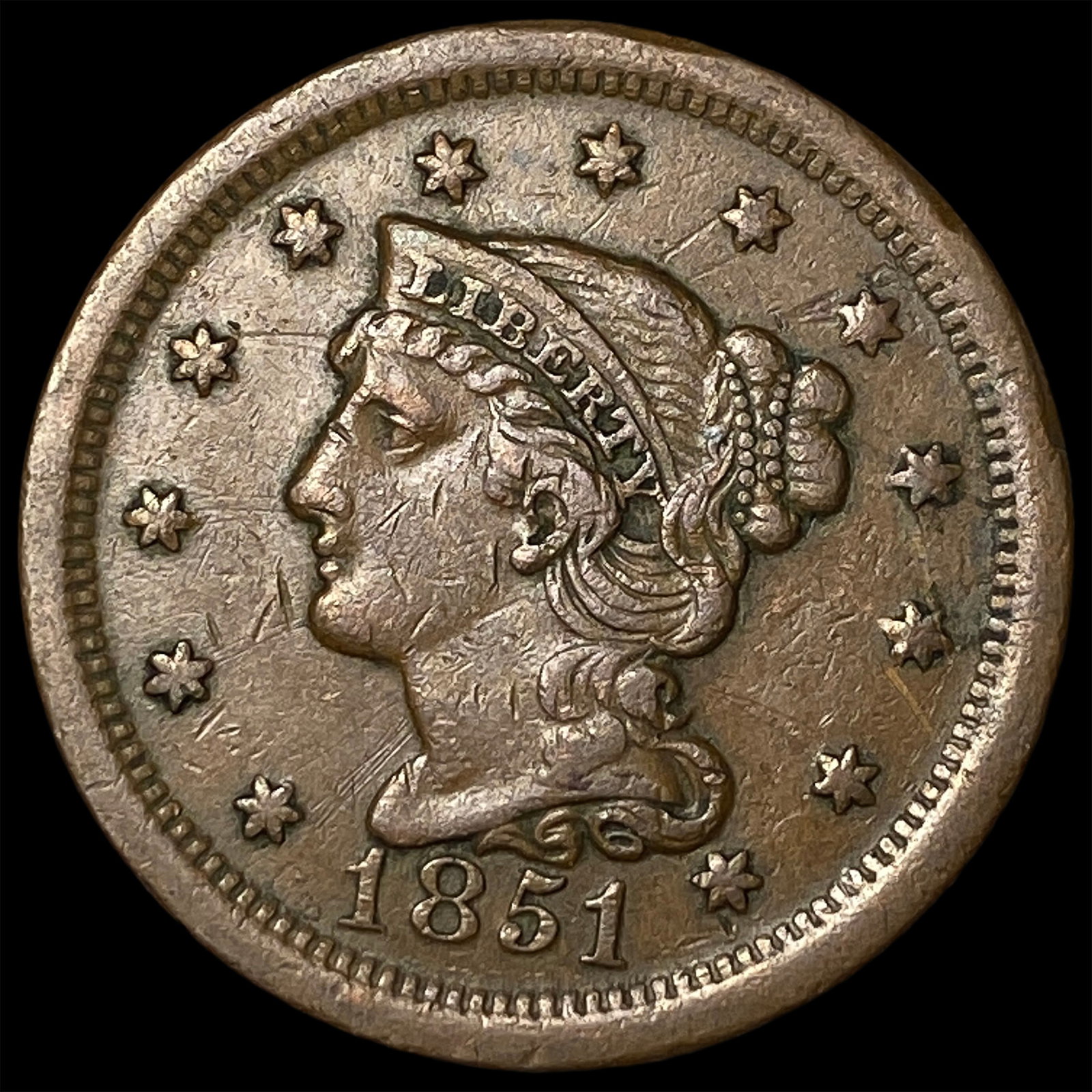 1851 Braided Hair Large Cent NEARLY UNCIRCULATED: 1851 Braided Hair Large Cent NEARLY UNCIRCULATED