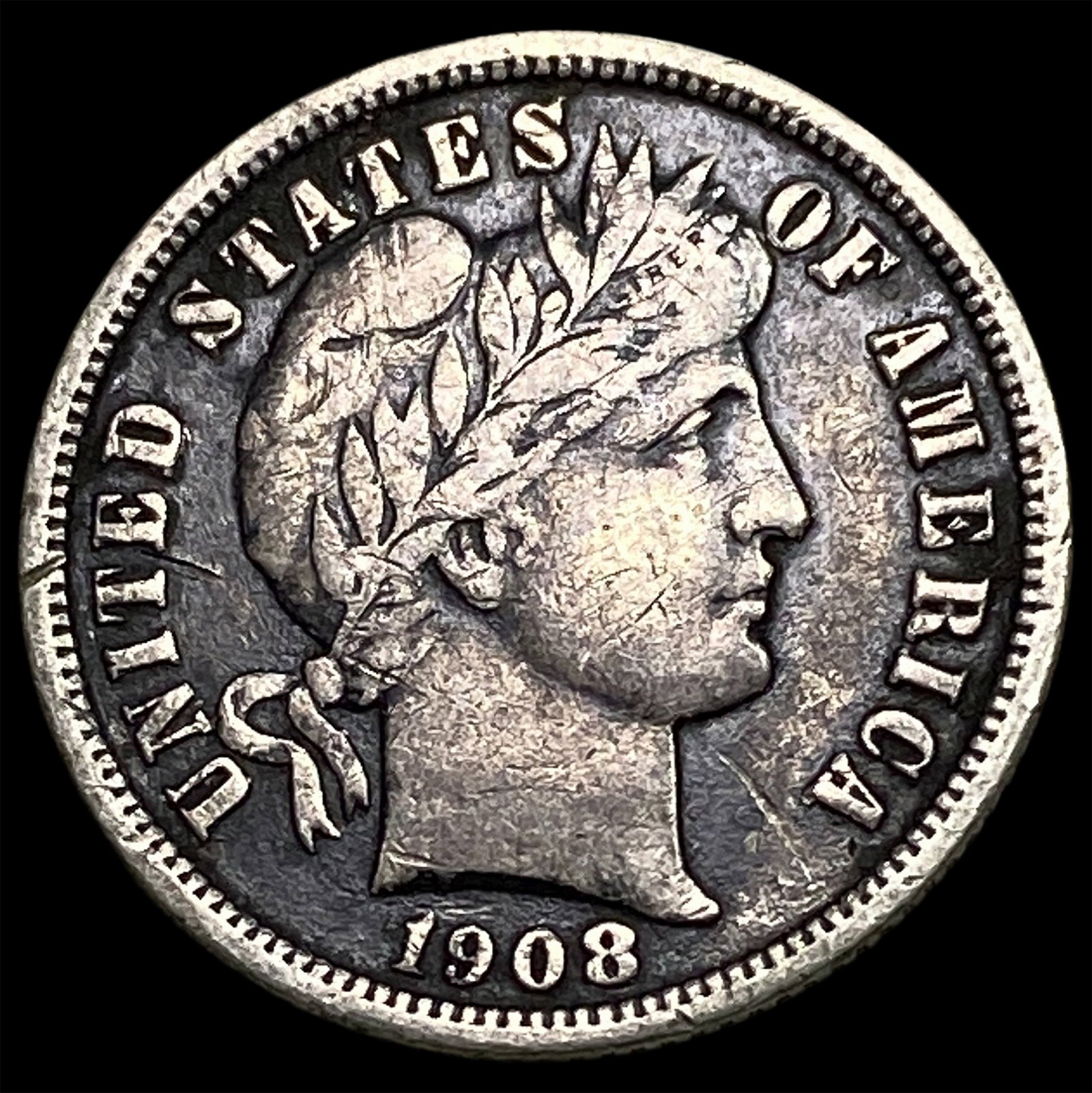 1908-S Silver Barber Dime NEARLY UNCIRCULATED (1 of 2)