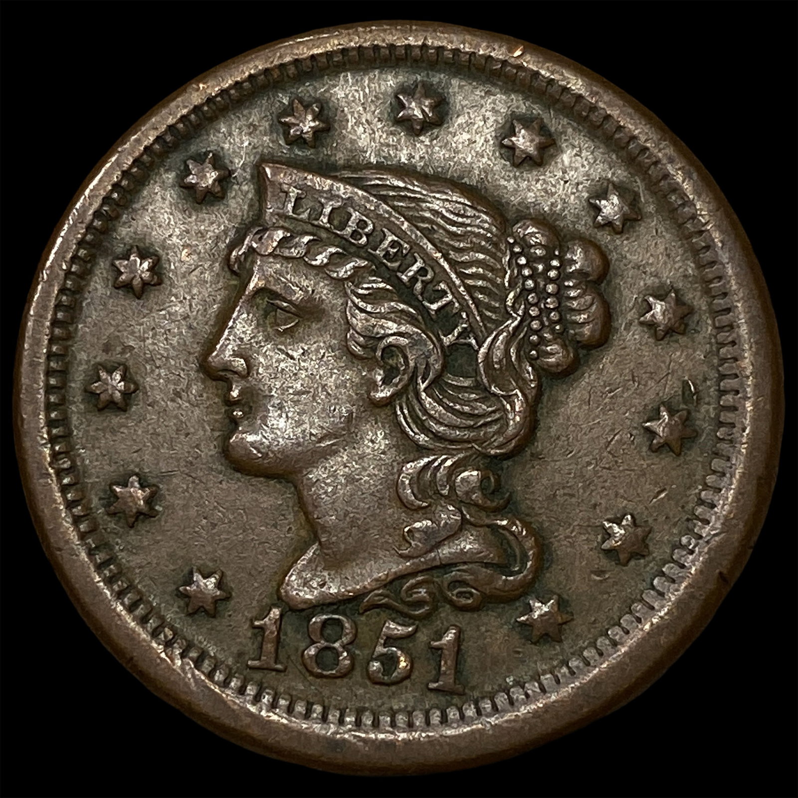 1851 Braided Hair Large Cent NEARLY UNCIRCULATED: 1851 Braided Hair Large Cent NEARLY UNCIRCULATED