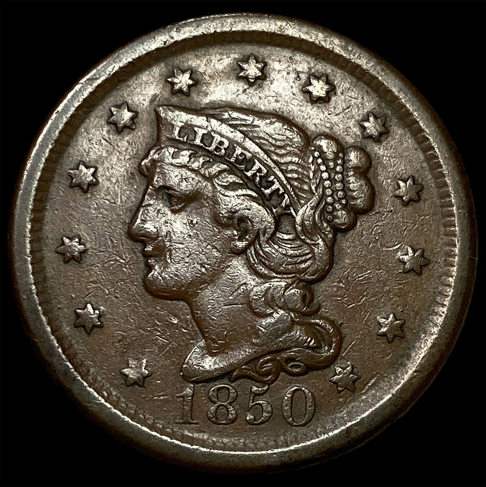 1850 Braided Hair Large Cent CLOSELY UNCIRCULATED: 1850 Braided Hair Large Cent CLOSELY UNCIRCULATED