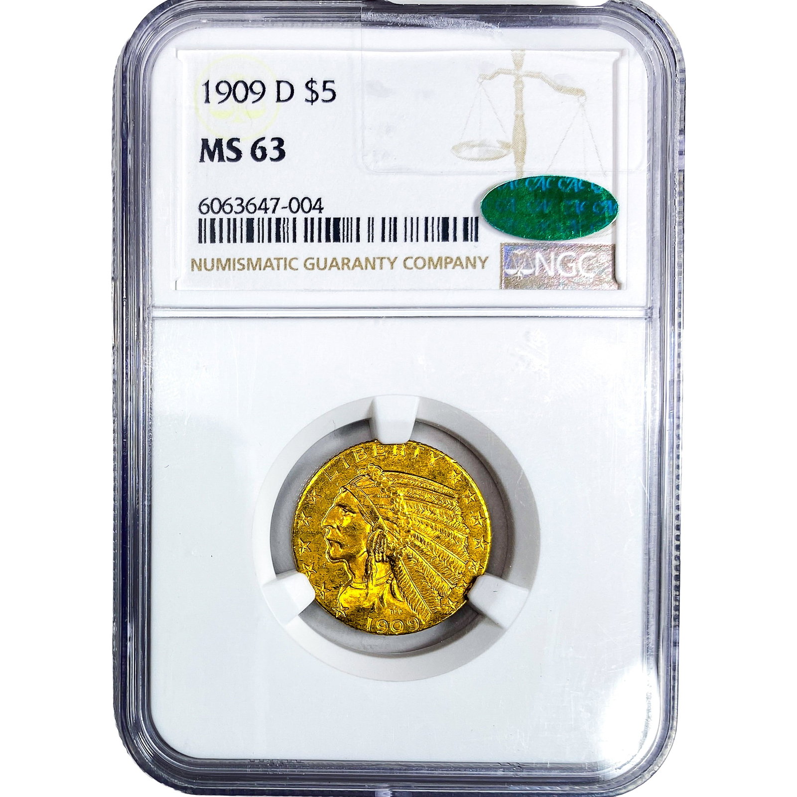 1909-D CAC $5 Gold Half Eagle NGC MS63 (1 of 4)