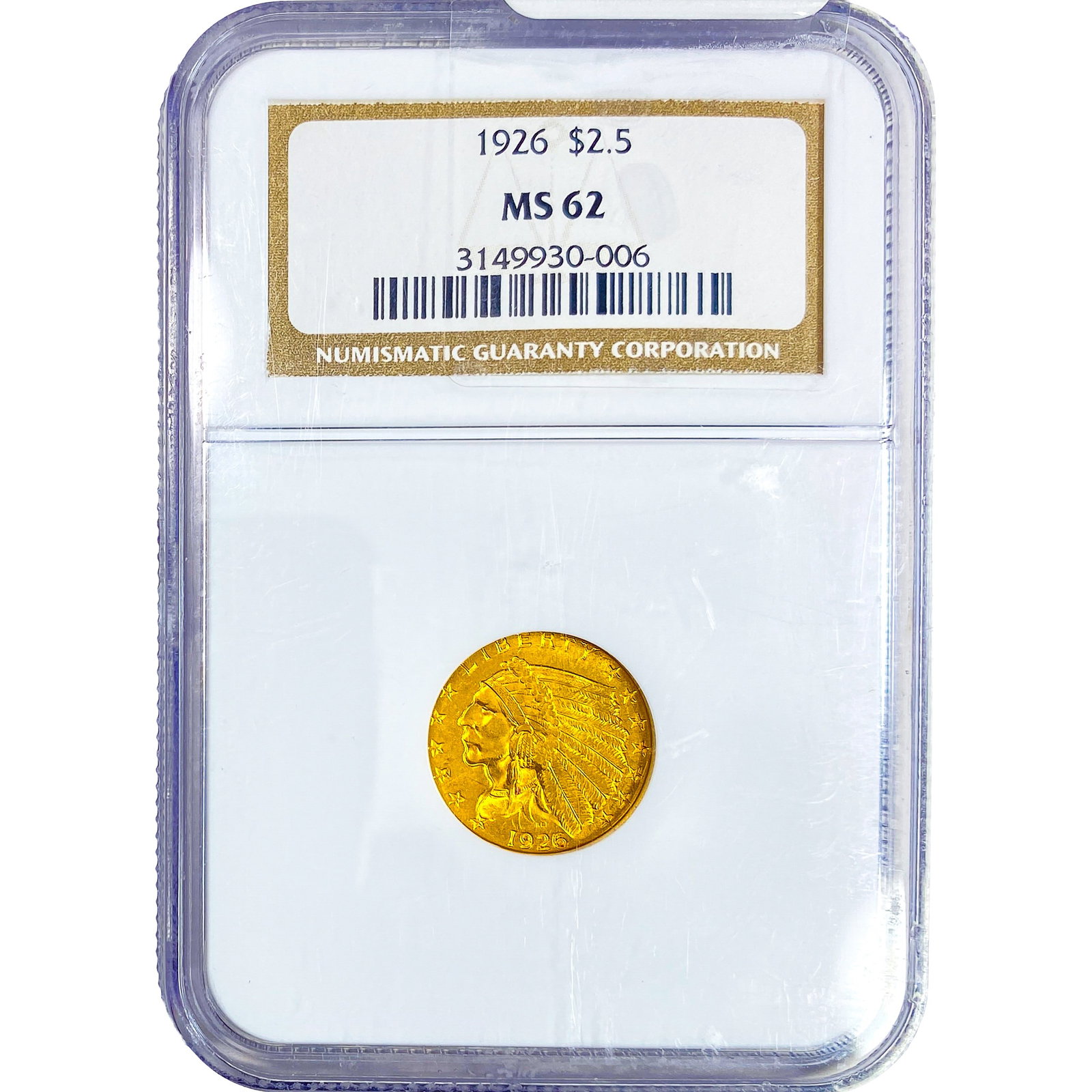 1926 $2.50 Gold Quarter Eagle NGC MS62: 1926 $2.50 Gold Quarter Eagle NGC MS62
