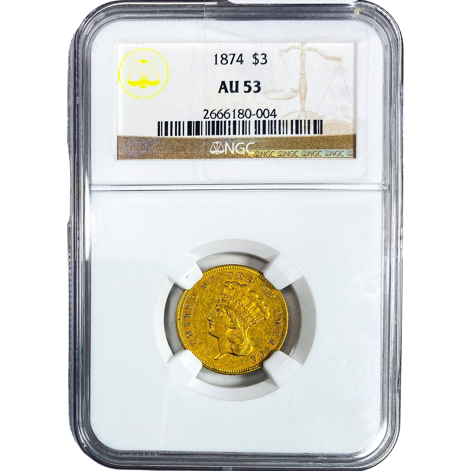 1874 $3 Gold Piece NGC AU53: 1874 $3 Gold Piece NGC AU53