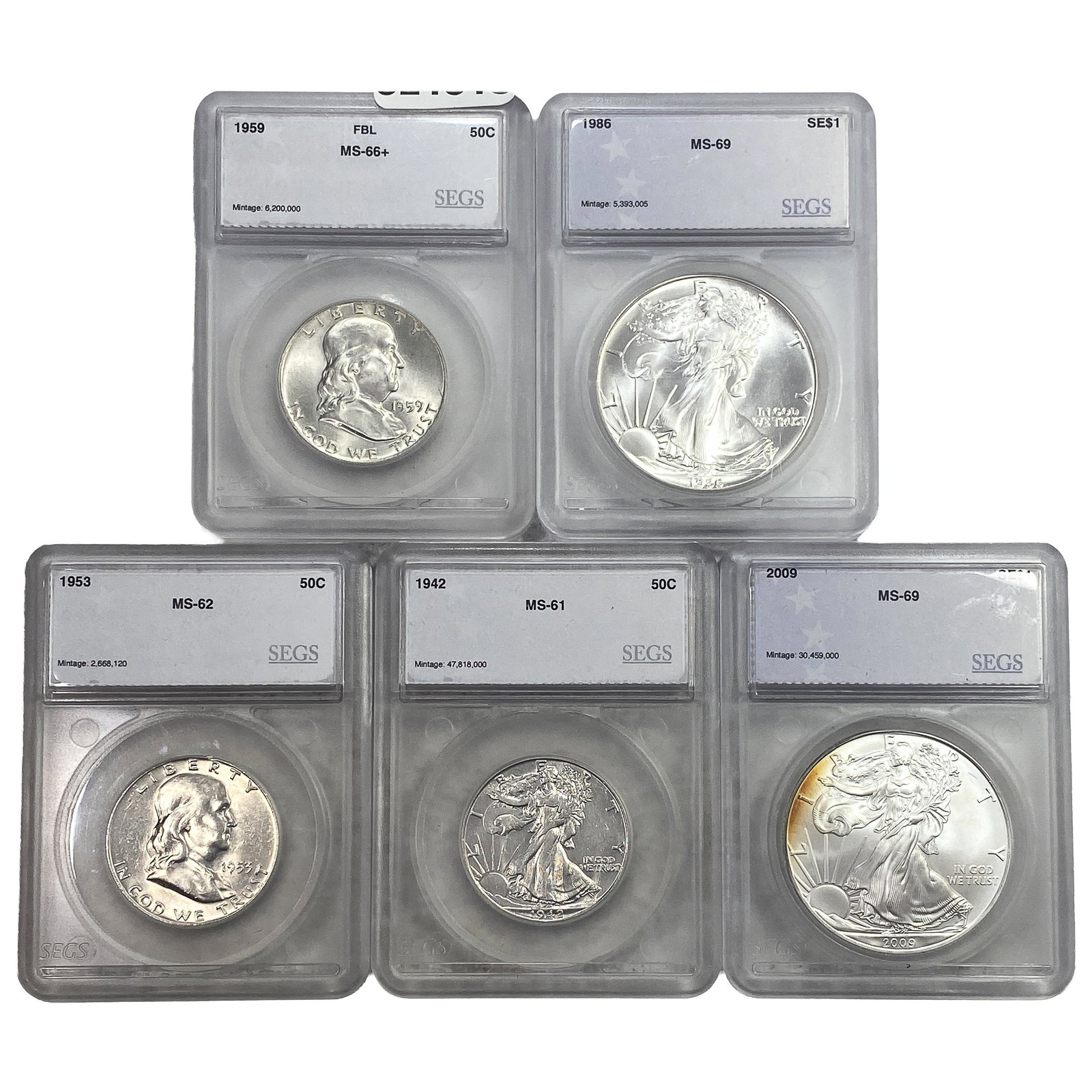 [5 Coins] 1942-2009 U.S. Walk. Lib., Frank., Silver Eagle 50C-$1 SEGS MS61-69 (1 of 2)