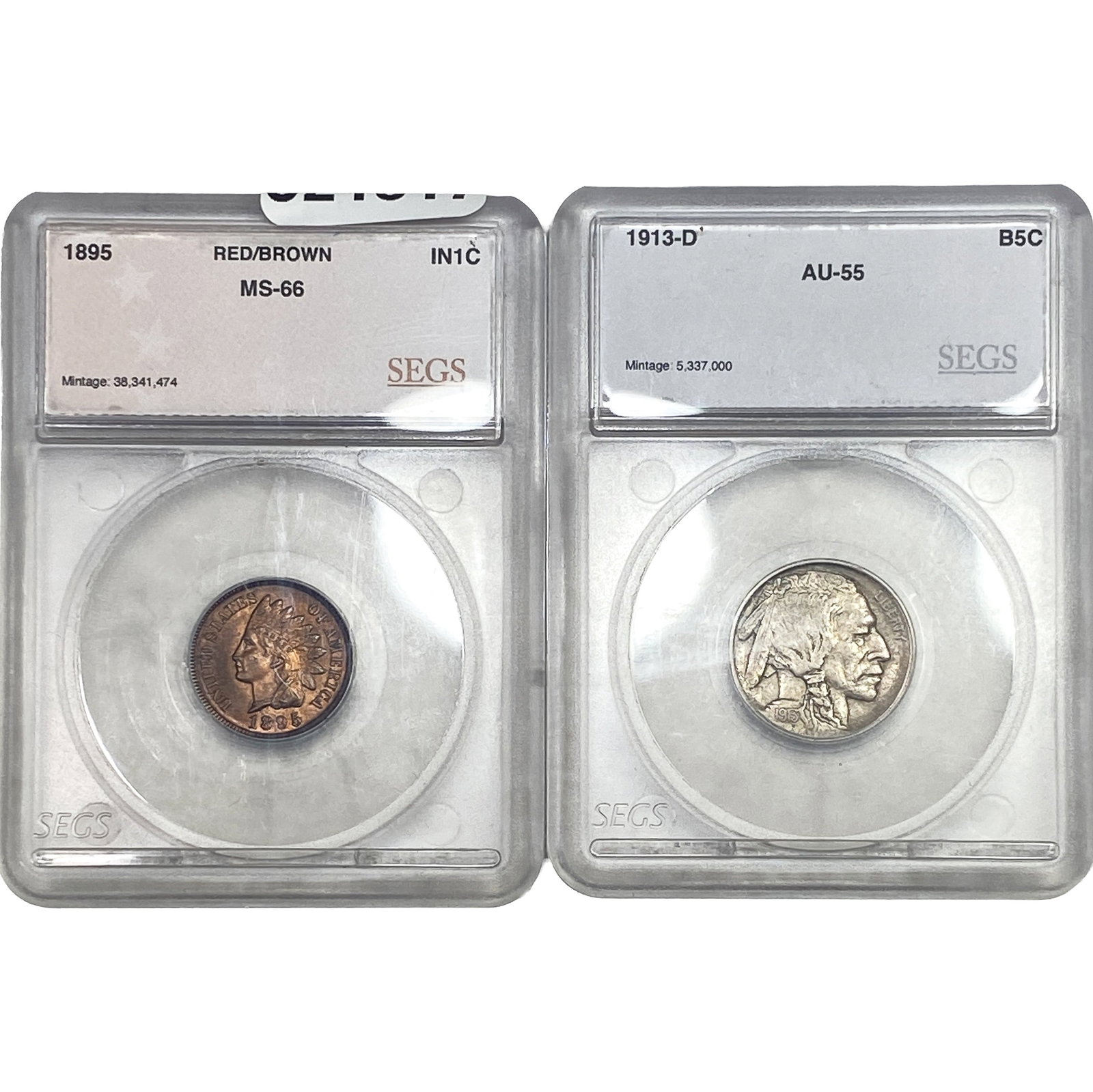 [2 Coins] 1895-1913 Indian Head 1C & Buffalo 5C SEGS AU/MS55-66 (1 of 2)