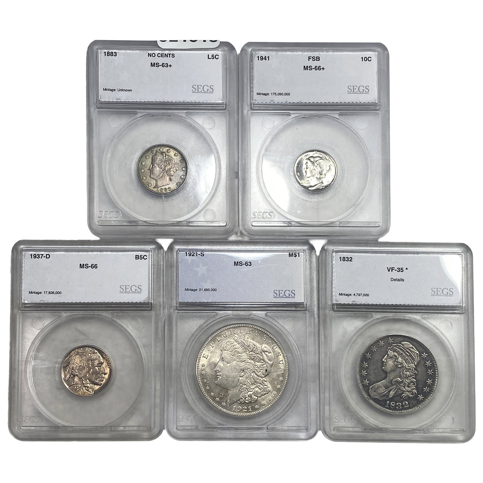 [5 Coins] 1832-1941 U.S. Lot 5C-$1 SEGS VF/MS35-66 (1 of 2)