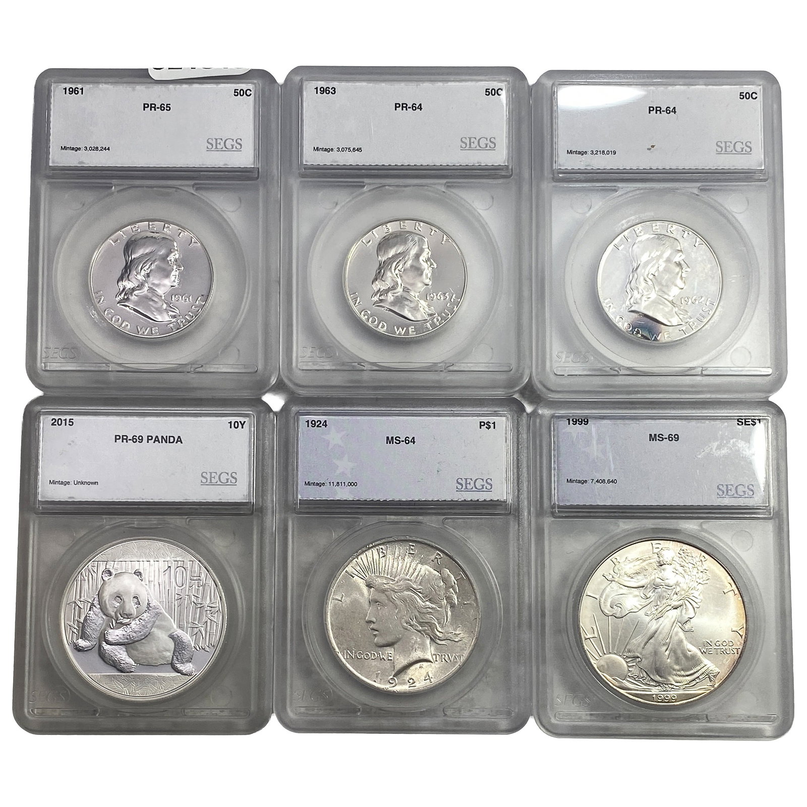 [6 Coins] 1924-2015 Silver Coin Lot U.S. 50C-$1 China 10Y SEGS PR/MS64-69 (1 of 2)