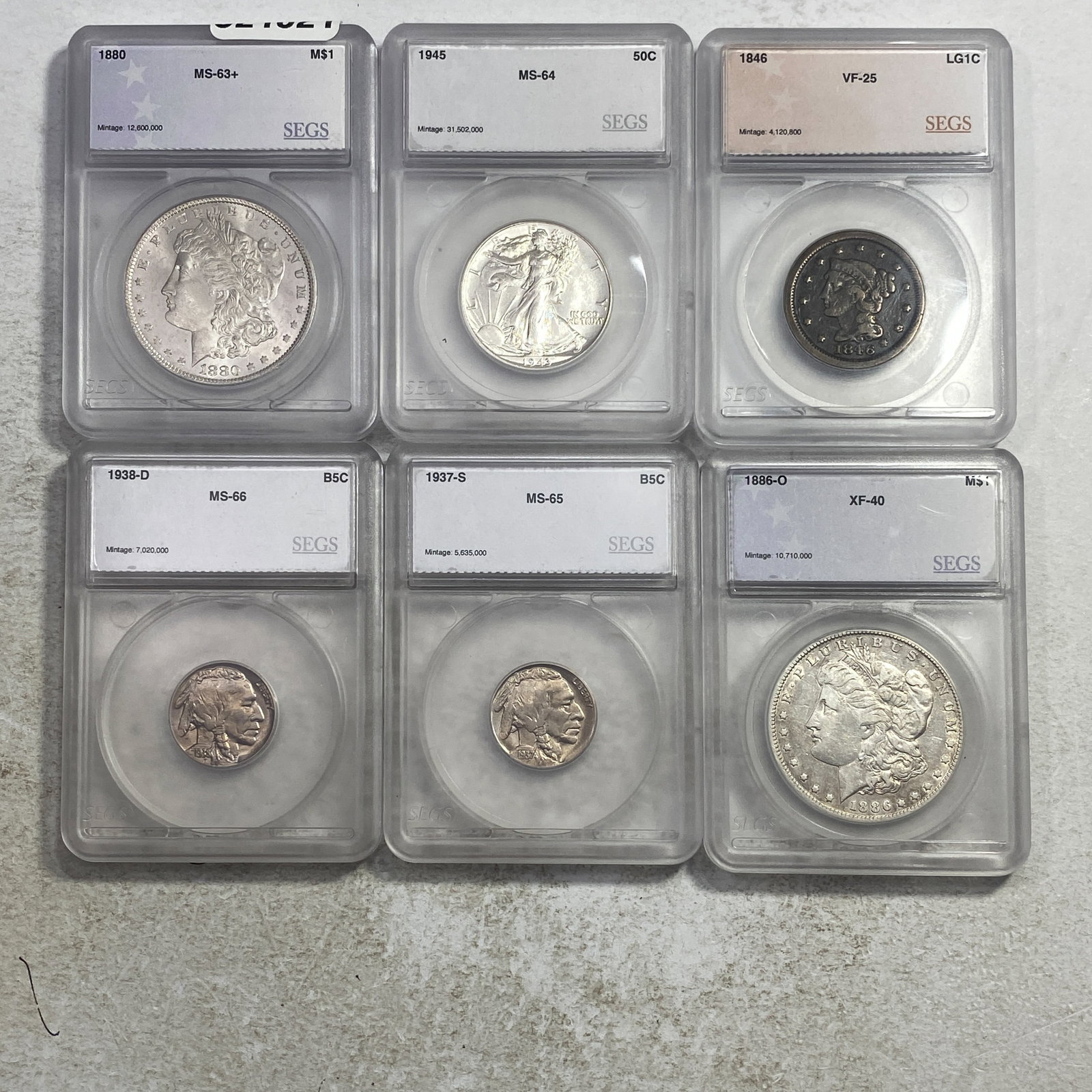 [6 Coins] 1846-1945 U.S. Lot 5C-$1 SEGS XF/VF/MS25-66 (1 of 2)