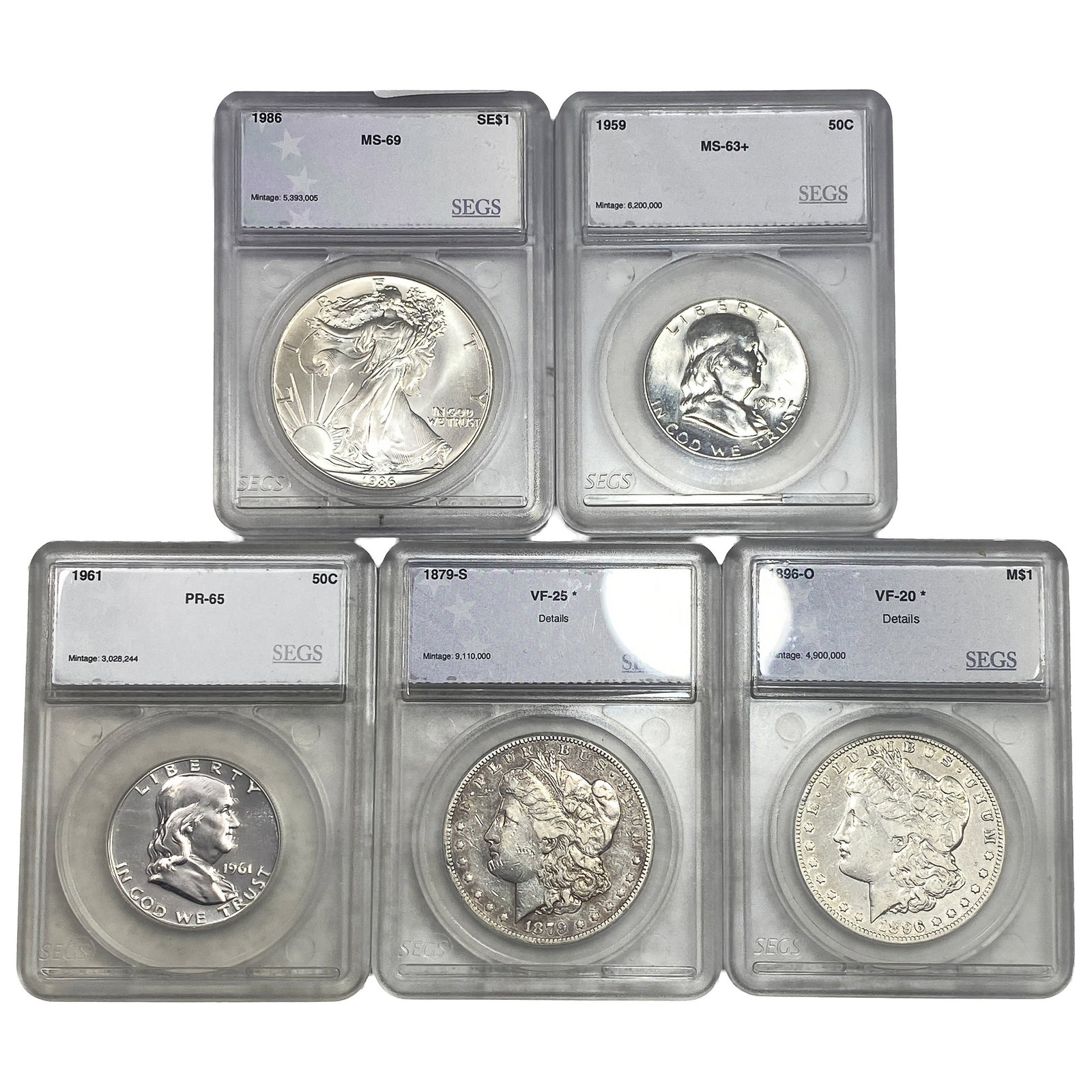 [5 Coins] 1879-1986 U.S. Lot 50C-$1 SEGS VF/PR/MS20-69 (1 of 2)