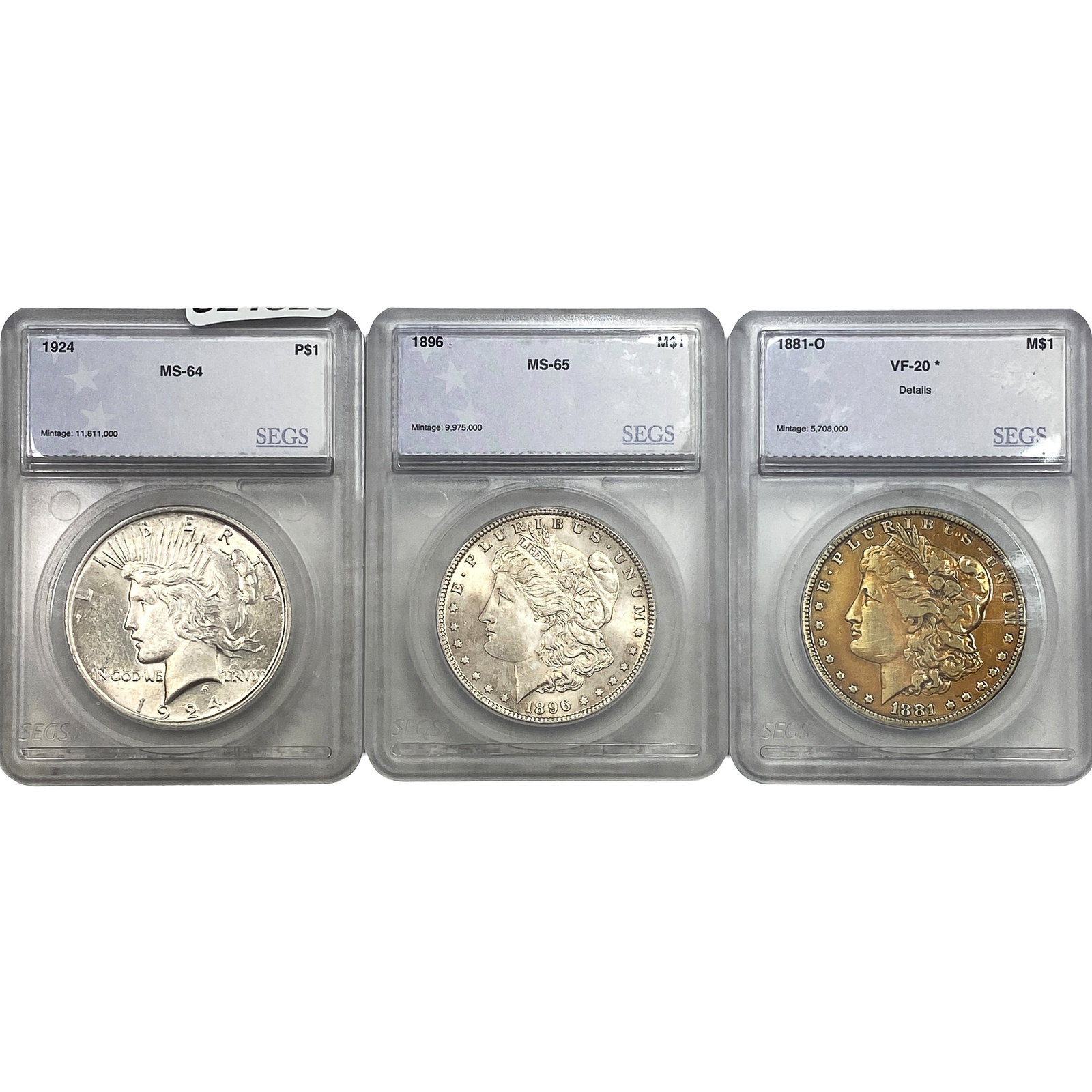 [3 Coins] 1881-1924 Peace & Morgan $1 SEGS VF/MS20-65: [3 Coins] 1881-1924 Peace & Morgan $1 SEGS VF/MS20-65