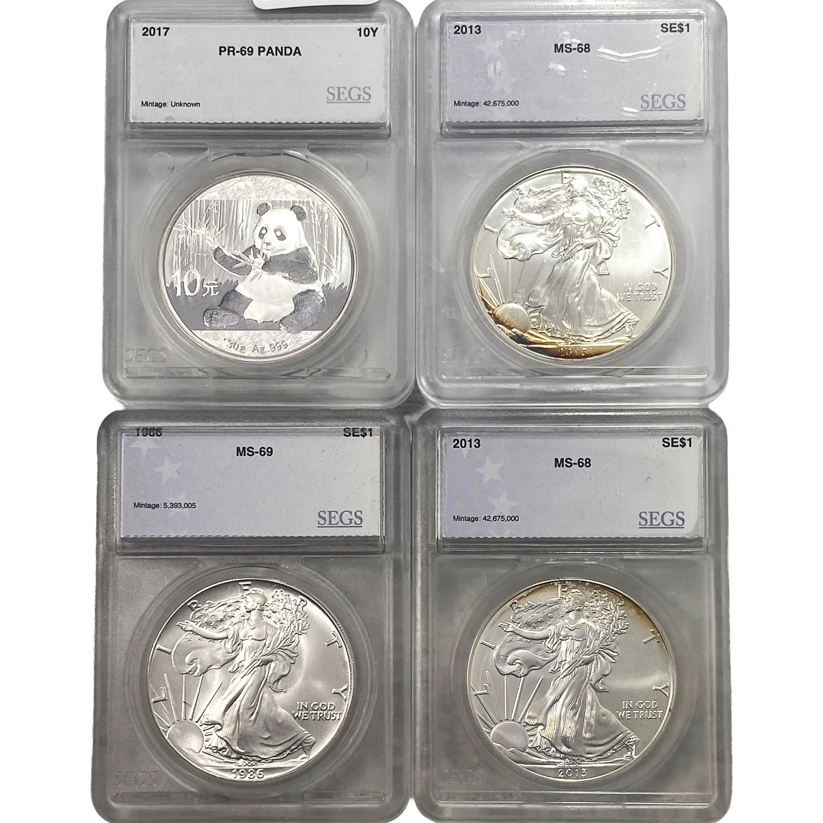 [4 Coins] 1986-2017 Silver Eagle & Panda 10Y SEGS PR/MS68-69 (1 of 2)
