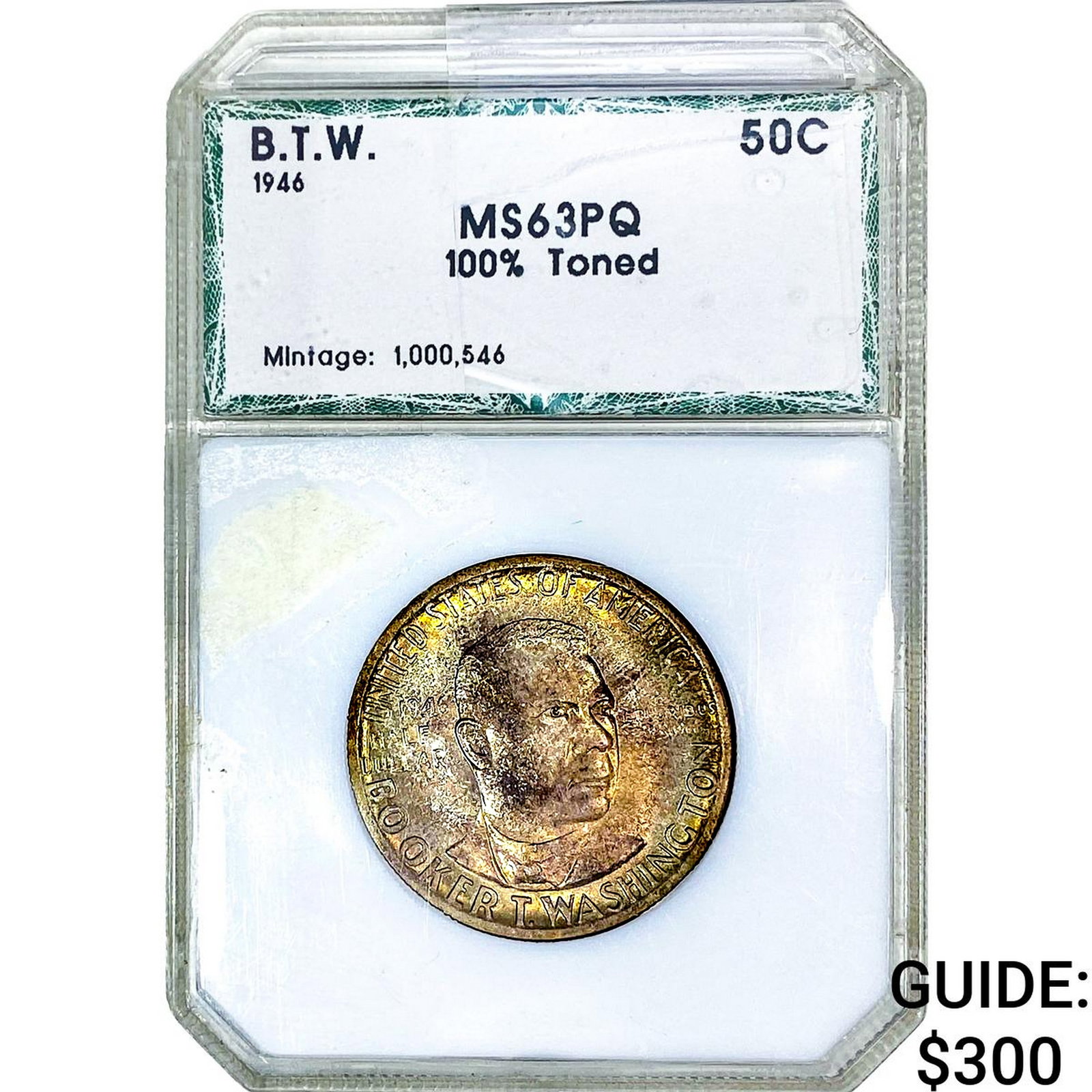 1946 Booker T Half Dollar PCI MS63 PQ 100% Toned: 1946 Booker T Half Dollar PCI MS63 PQ 100% Toned