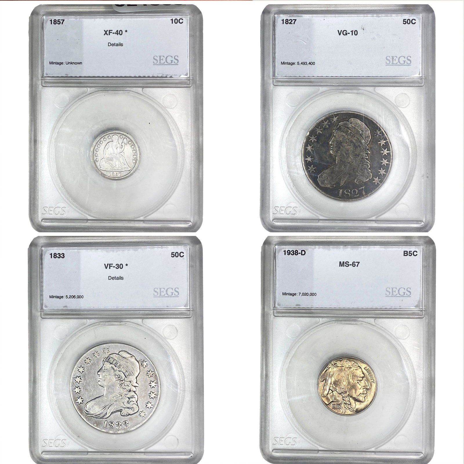 [4 Coins] 1827-1938 U.S. Lot 5C-50C SEGS (1 of 2)