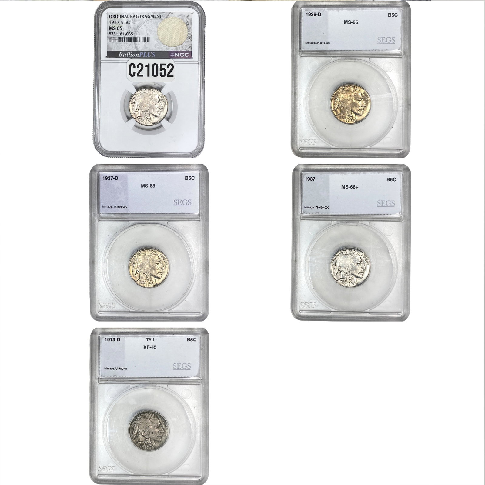 [5 Coins] 1913-1937 Buffalo Nickel NGC/SEGS XF/MS45-68: [5 Coins] 1913-1937 Buffalo Nickel NGC/SEGS XF/MS45-68