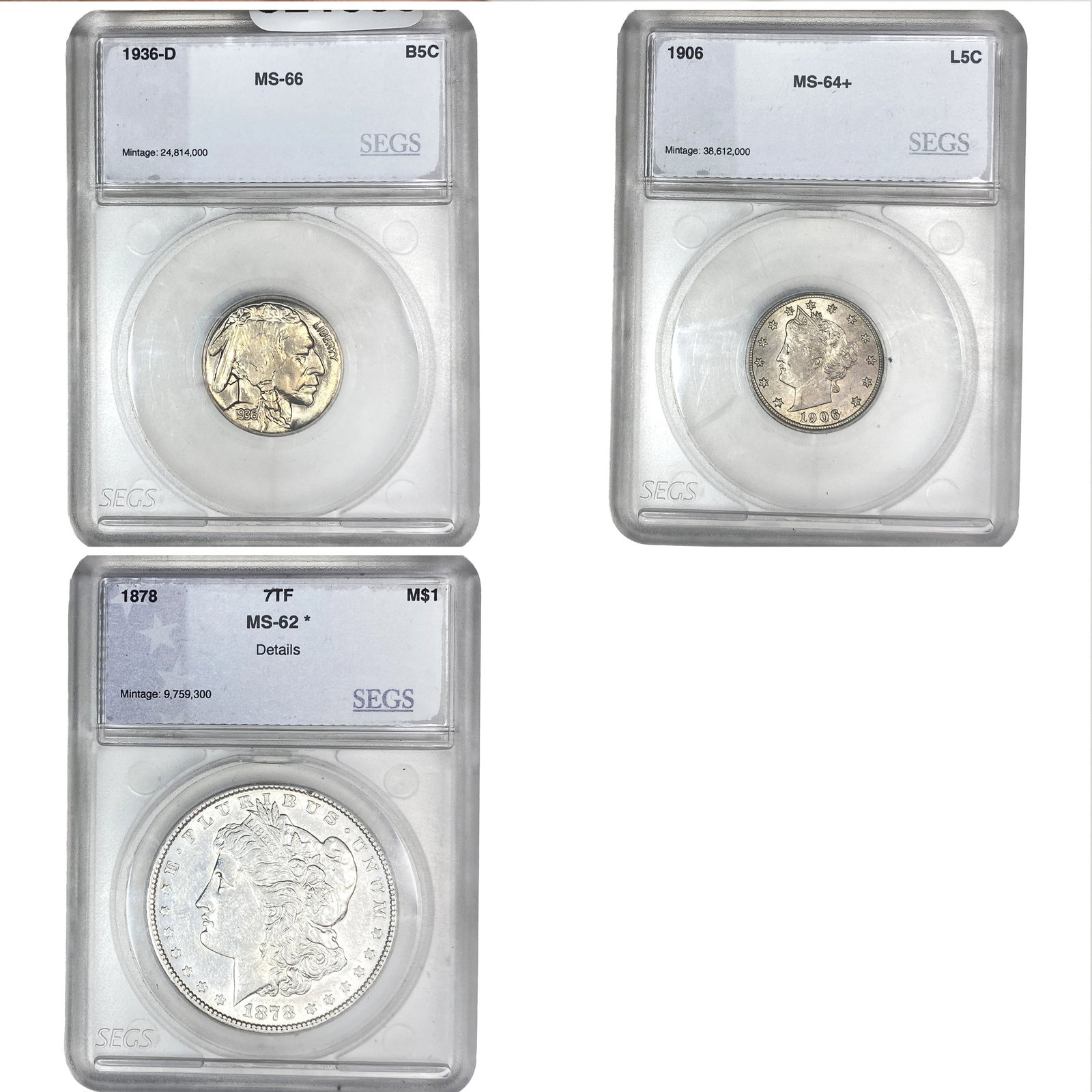 [3 Coins] 1878-1936 U.S. Lot 5C-$1 SEGS M62-66 (1 of 2)